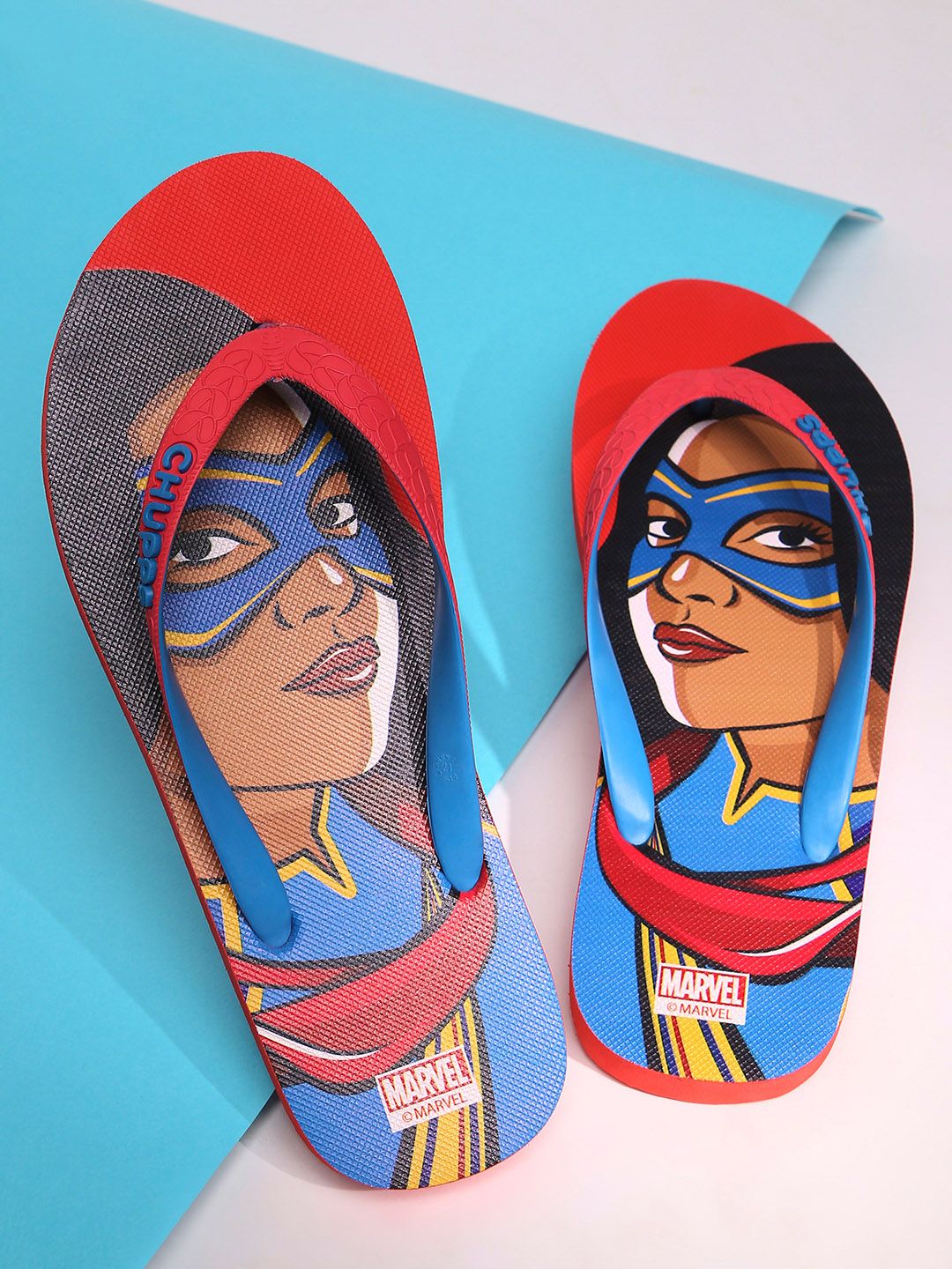 CHUPPS Women Red & Blue Printed Rubber Thong Flip-Flops Price in India