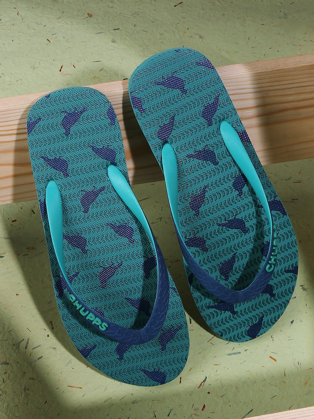 CHUPPS Women Green & Blue Printed Rubber Thong Flip-Flops Price in India