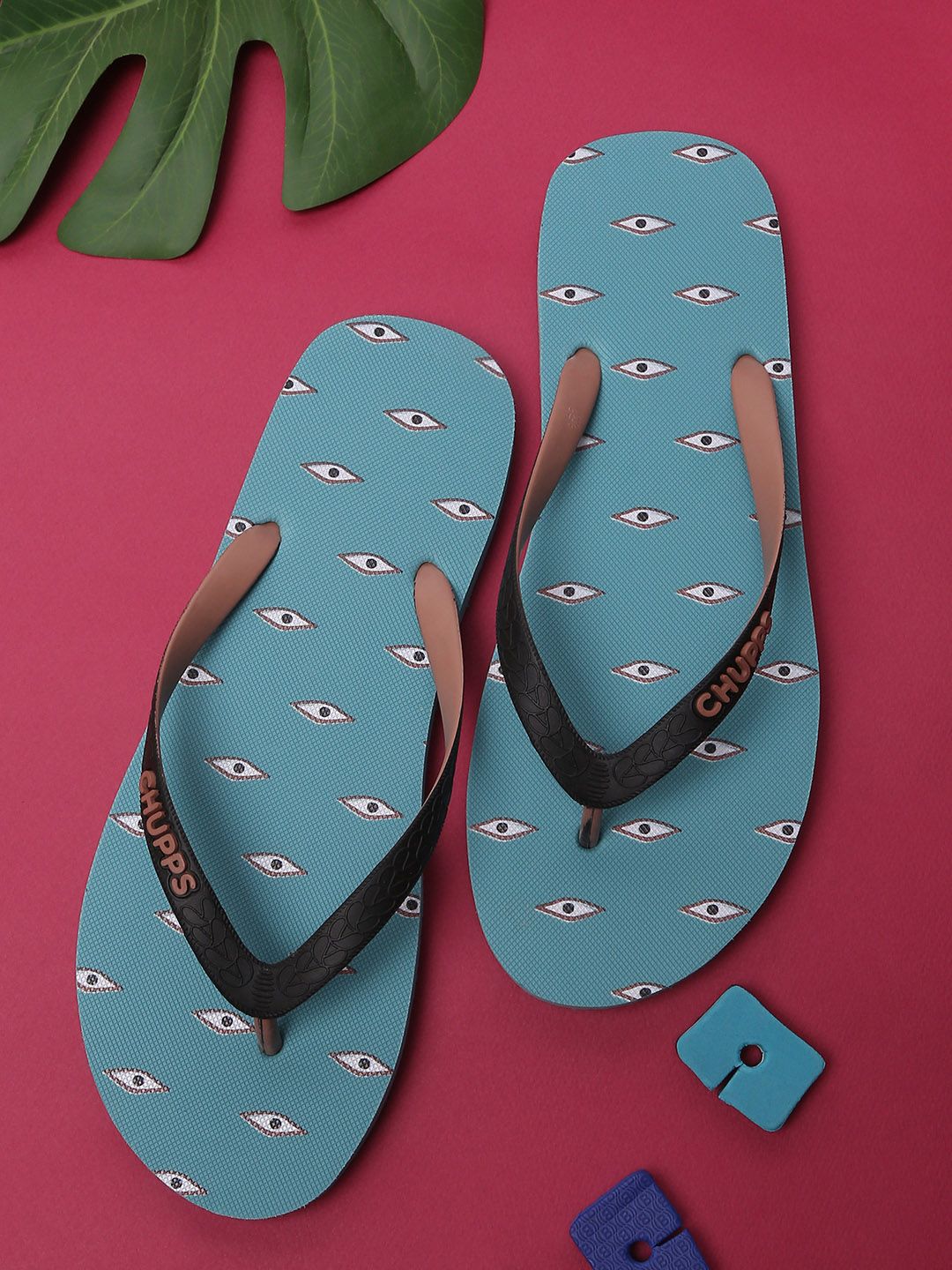 CHUPPS Women Turquoise Blue & White Printed Rubber Thong Flip-Flops Price in India