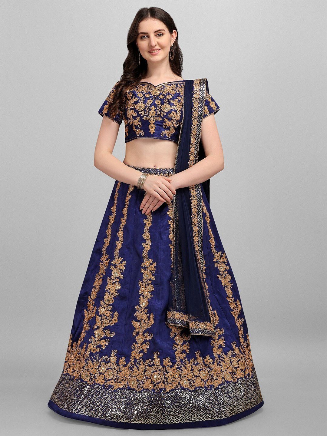 Fashion Basket Blue & Gold-Toned Embroidered Thread Work Semi-Stitched Lehenga & Blouse With Dupatta Price in India