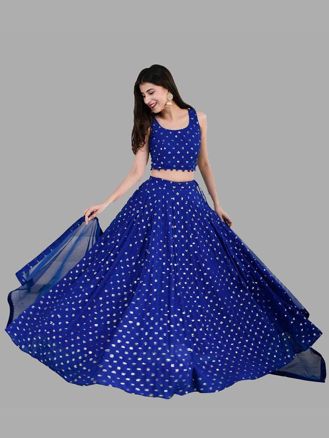 Fashion Basket Blue Embellished Sequinned Semi-Stitched Lehenga & Blouse With Dupatta Price in India