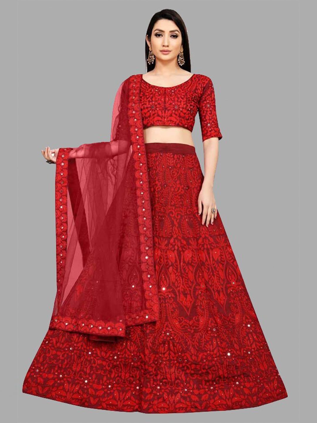 Fashion Basket Red & Black Embroidered Thread Work Semi-Stitched Lehenga & Blouse With Dupatta Price in India
