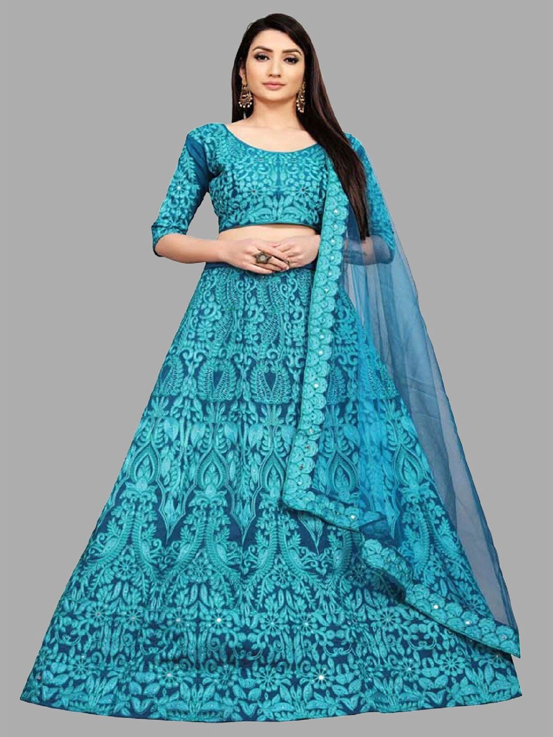 Fashion Basket Blue & Black Embroidered Thread Work Semi-Stitched Lehenga & Blouse With Dupatta Price in India