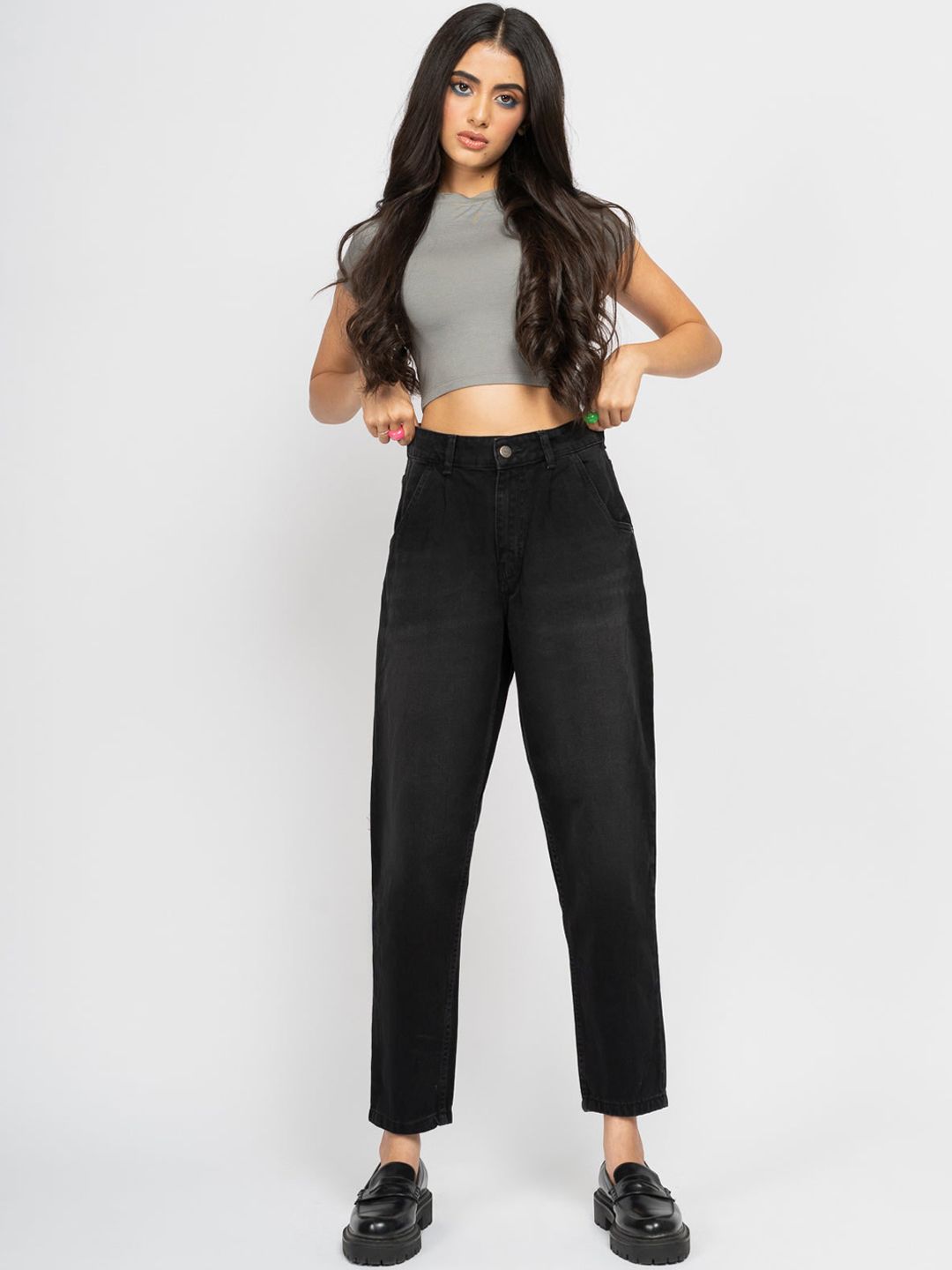 FREAKINS Women Charcoal High-Rise Tapered Fit Cropped Jeans Price in India