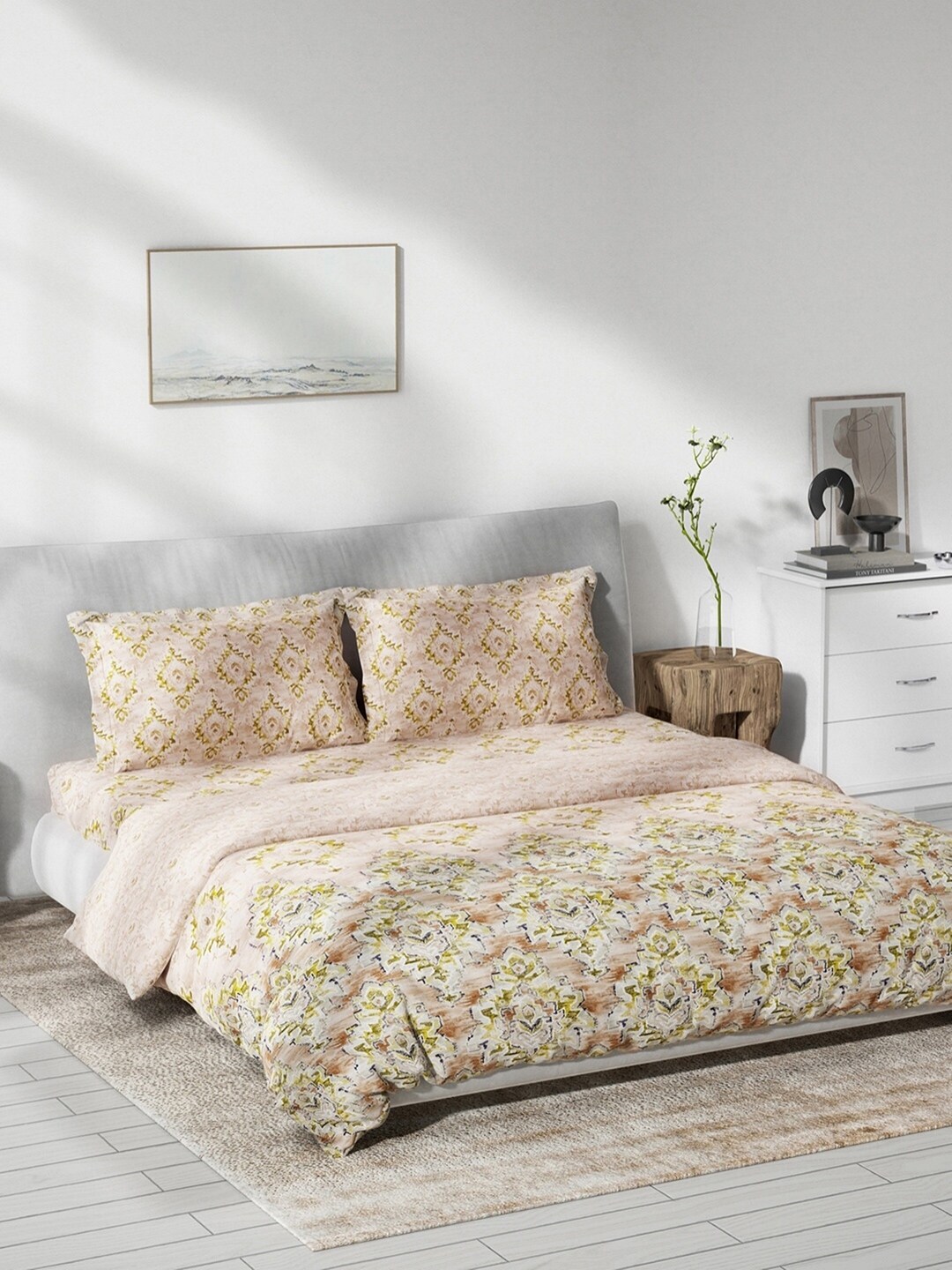 DDecor Peach-Coloured & Beige Ethnic Motif Printed Double Queen Bedding Set Price in India