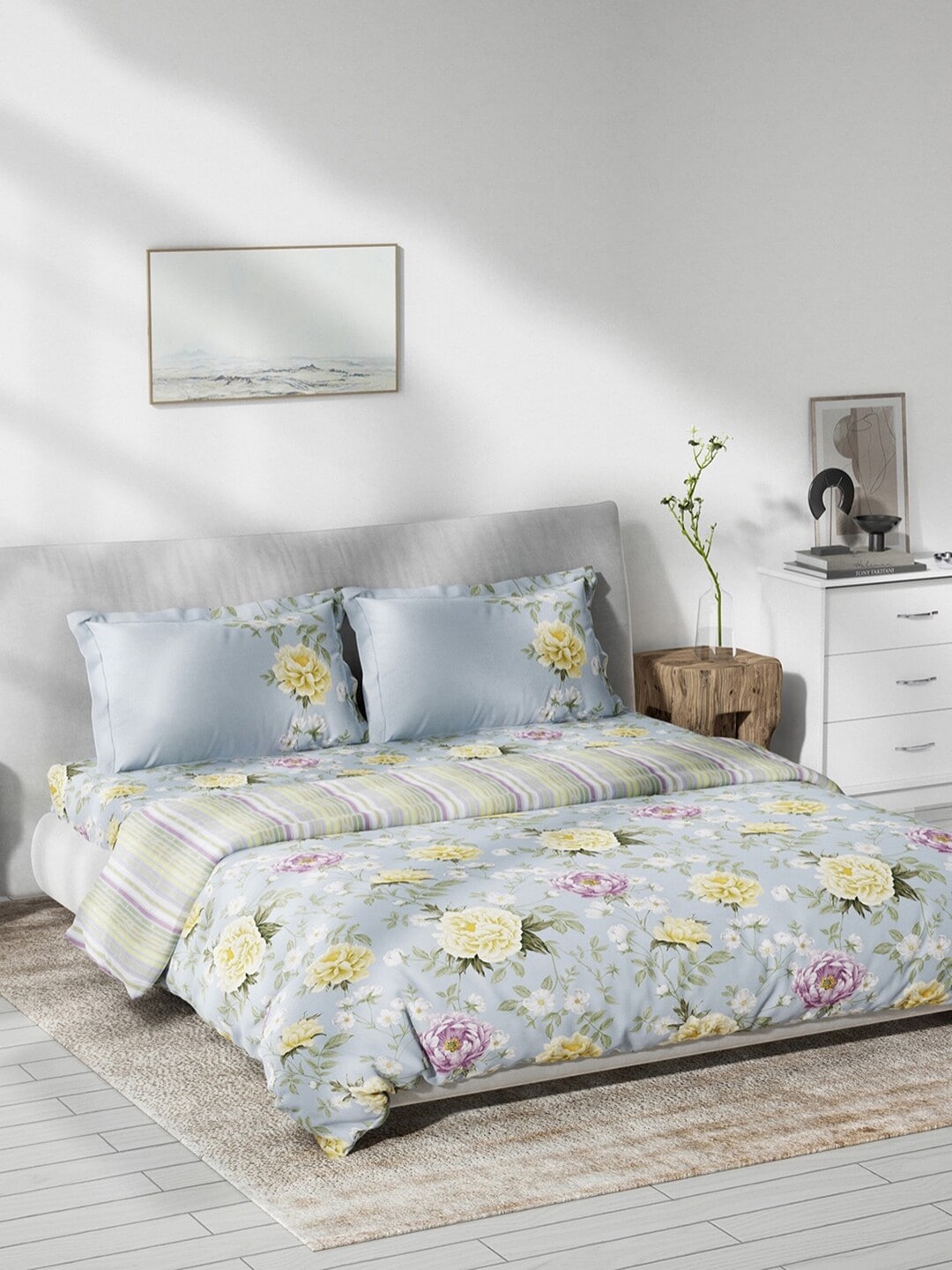 DDecor Blue & Yellow Printed Cotton Double Queen Bedding Set Price in India
