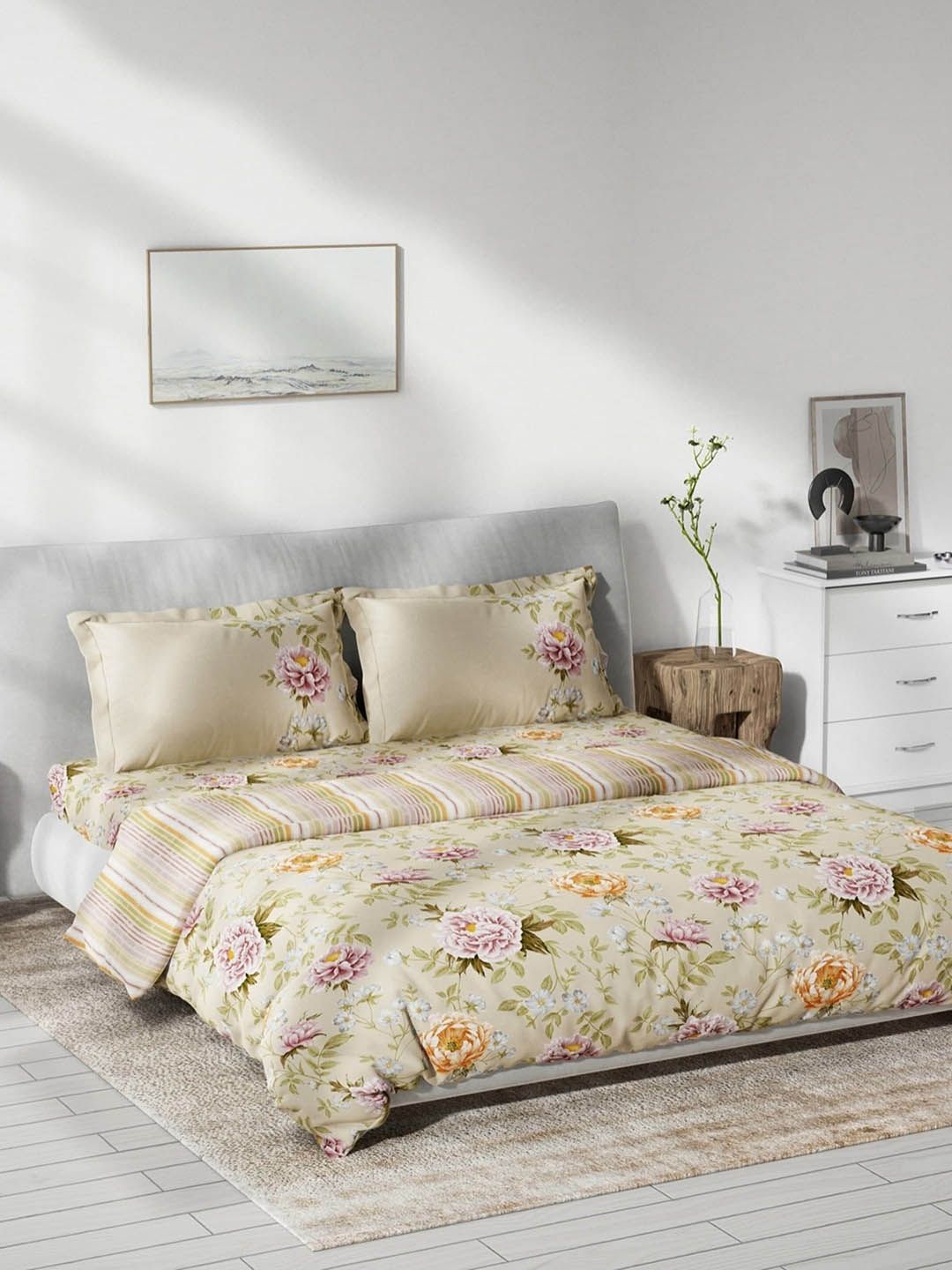 DDecor Peach Floral Printed Double Queen Cotton Bedding Set Price in India