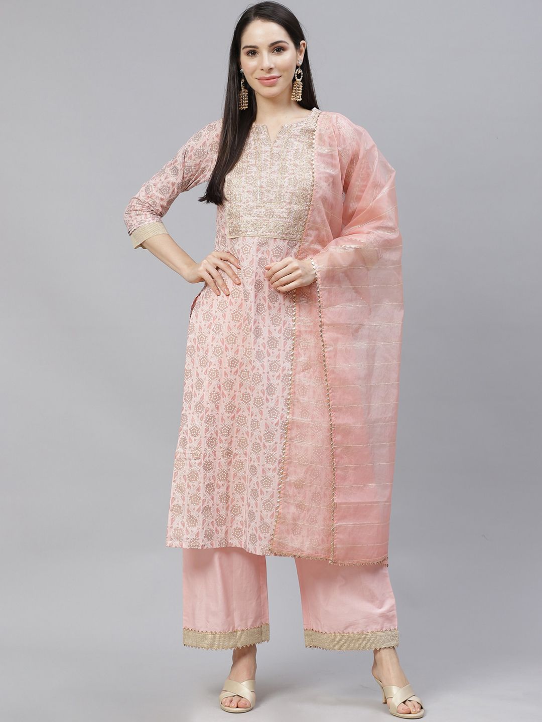 Indo Era Women Pink Ethnic Motifs Printed Pure Cotton Kurta with Palazzos & With Dupatta Price in India