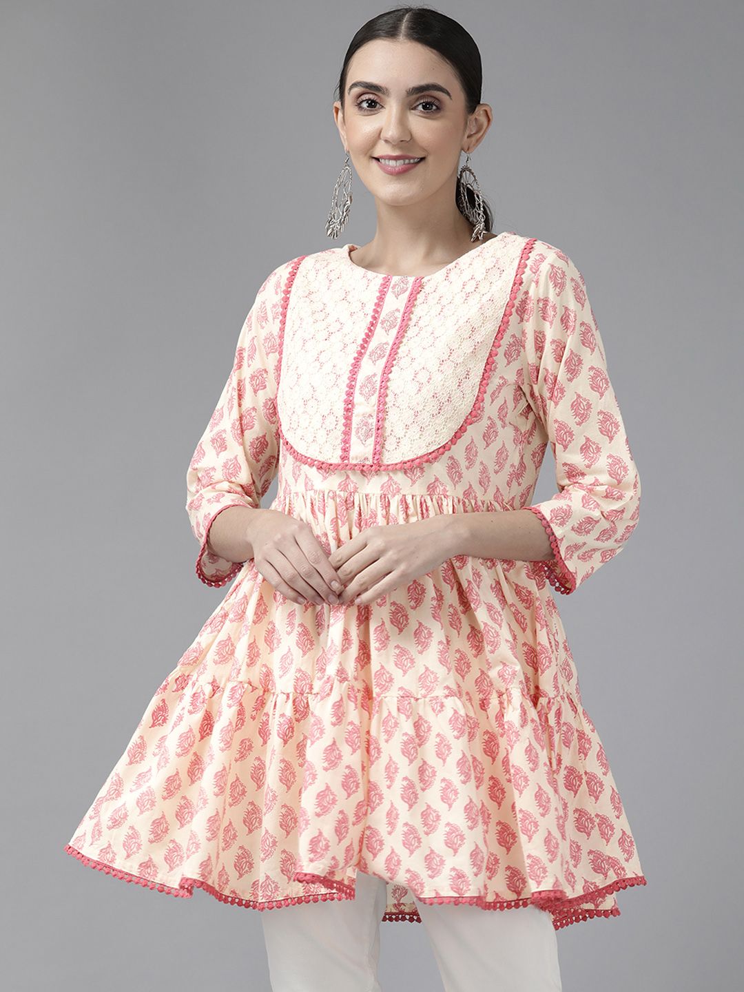 Amirah s Cream-Coloured & Pink Ethnic Motifs Printed Tunic Price in India