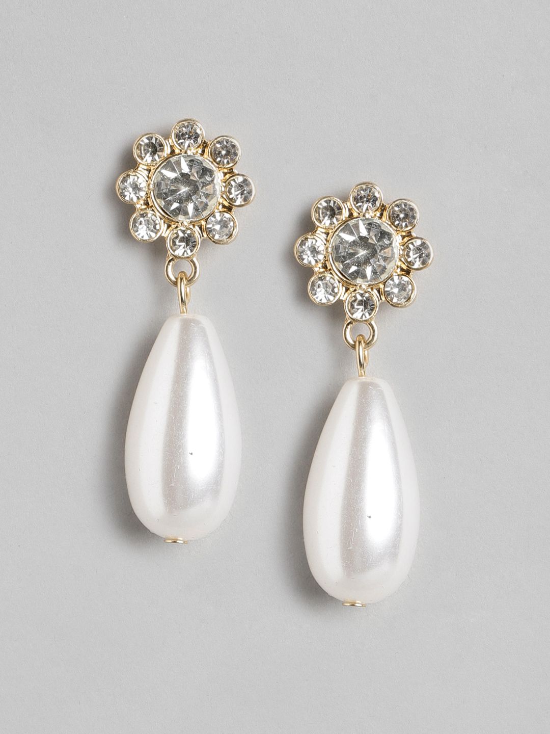 Forever New Gold-Plated & White Teardrop Shaped Drop Earrings Price in India