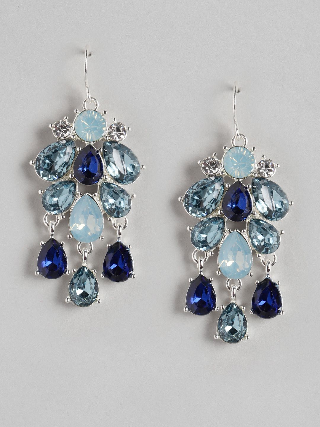 Forever New Silver-Plated & Navy Blue Floral Drop Earrings Price in India