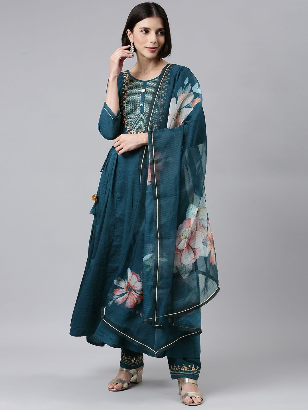 SheWill Women Teal Floral Yoke Design Pleated Sequinned Kurta with Trousers & With Dupatta Price in India