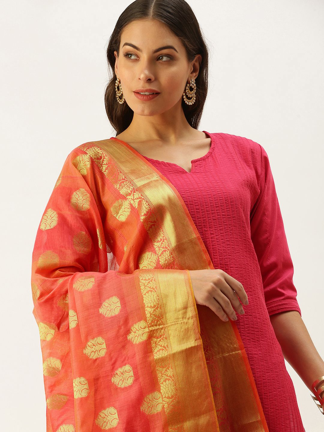 SWAGG INDIA Peach-Coloured Ethnic Motifs Woven Design Art Silk Dupatta with Zari Price in India