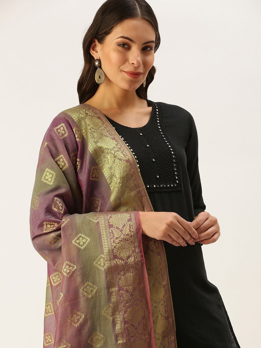 SWAGG INDIA Lavender Ethnic Motifs Woven Design Art Silk Dupatta with Zari Price in India