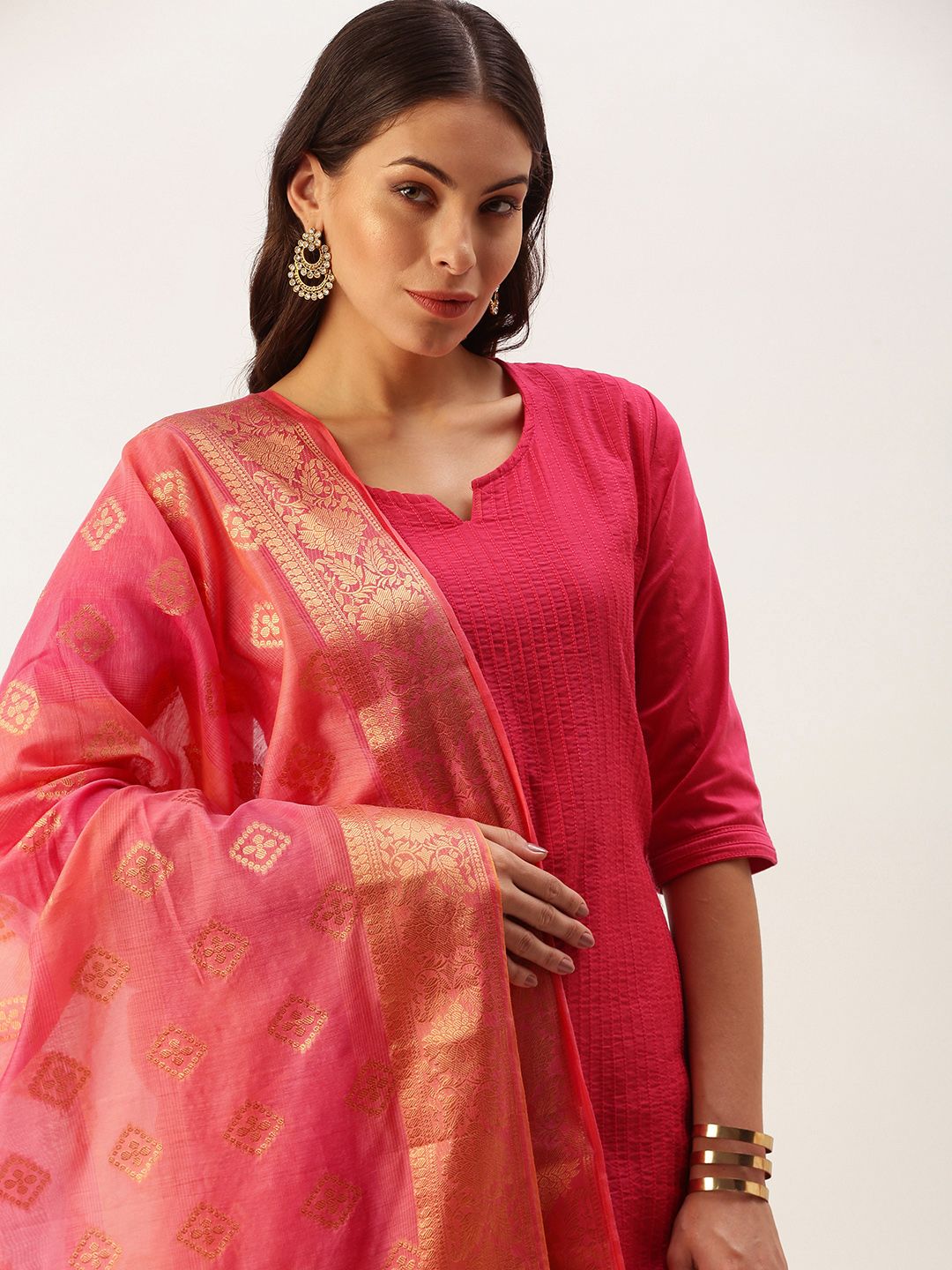 SWAGG INDIA Pink Ethnic Motifs Woven Design Art Silk Dupatta with Zari Price in India