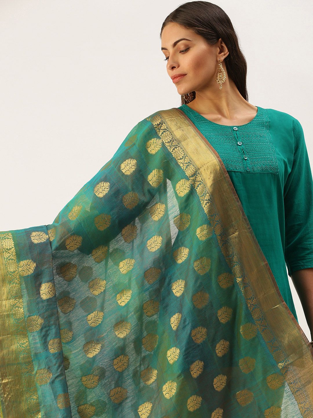 SWAGG INDIA Teal Ethnic Motifs Woven Design Art Silk Dupatta with Zari Price in India