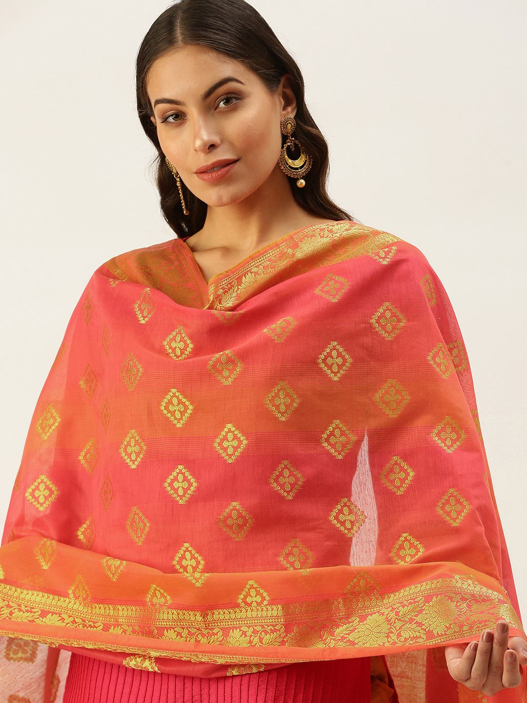 SWAGG INDIA Coral Ethnic Motifs Woven Design Art Silk Dupatta with Zari Price in India