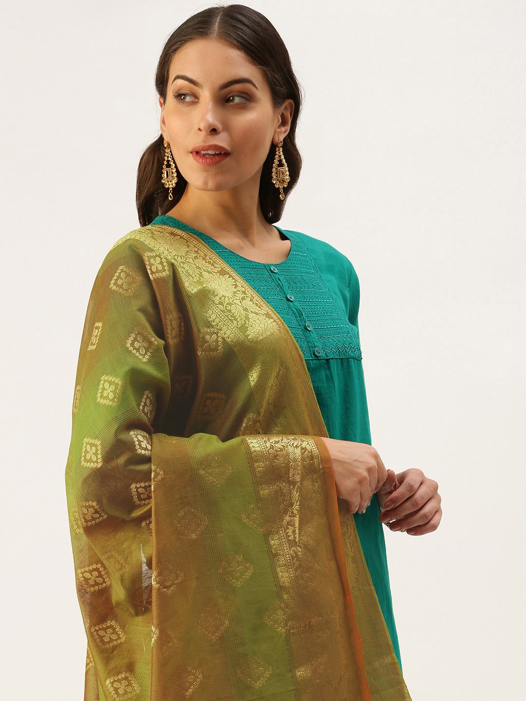 SWAGG INDIA Olive Green Ethnic Motifs Woven Design Art Silk Dupatta with Zari Price in India