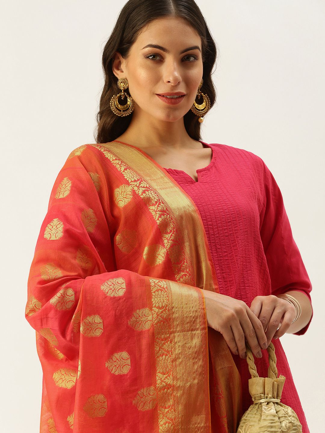 SWAGG INDIA Coral Ethnic Motifs Woven Design Art Silk Dupatta with Zari Price in India