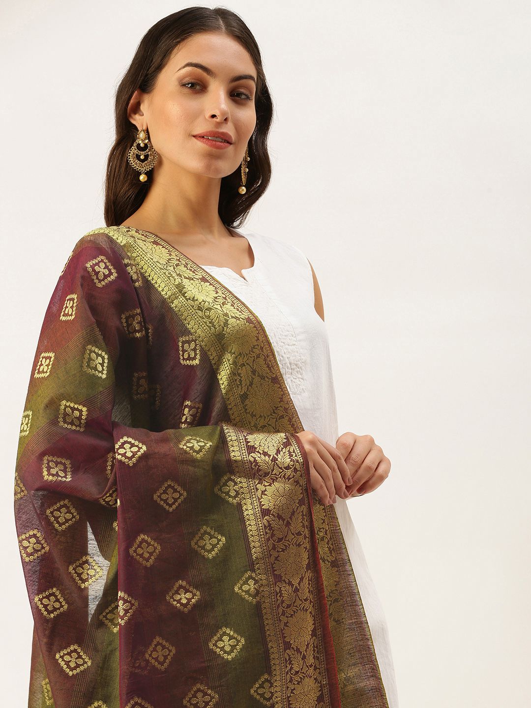 SWAGG INDIA Burgundy Ethnic Motifs Woven Design Art Silk Dupatta with Zari Price in India