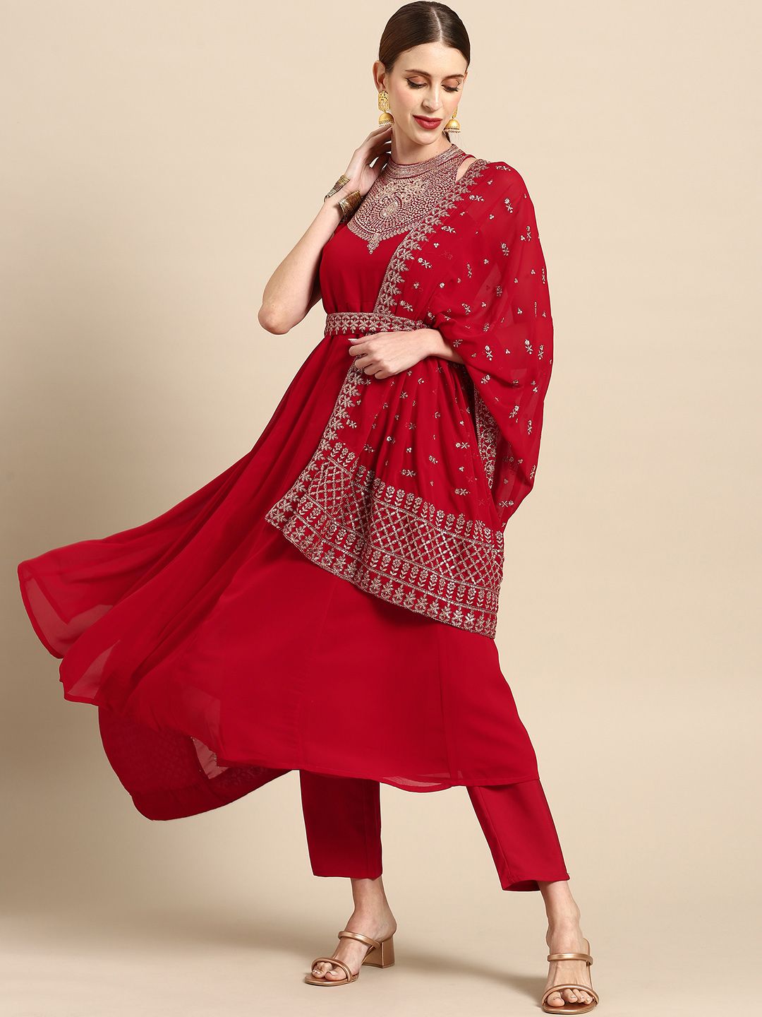 Anouk Women Red Ethnic Motifs Embroidered Kurta with Trousers & Dupatta Price in India
