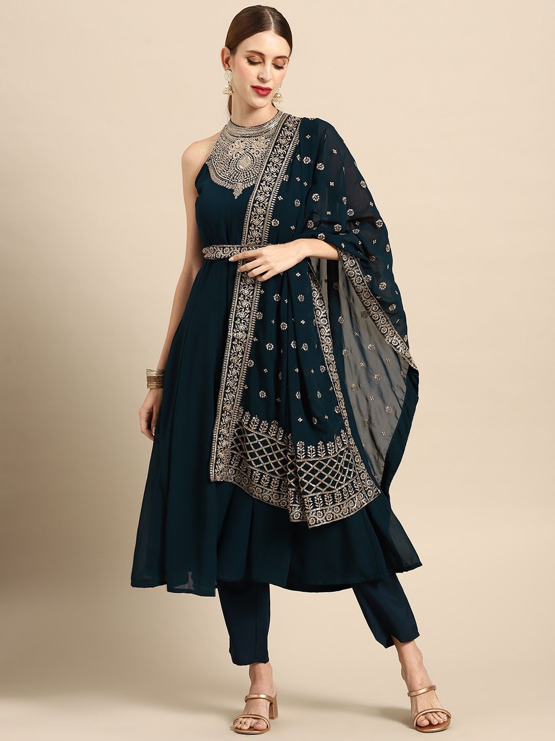Anouk Women Teal Blue Ethnic Motifs Embroidered Kurta with Trousers & Dupatta Price in India