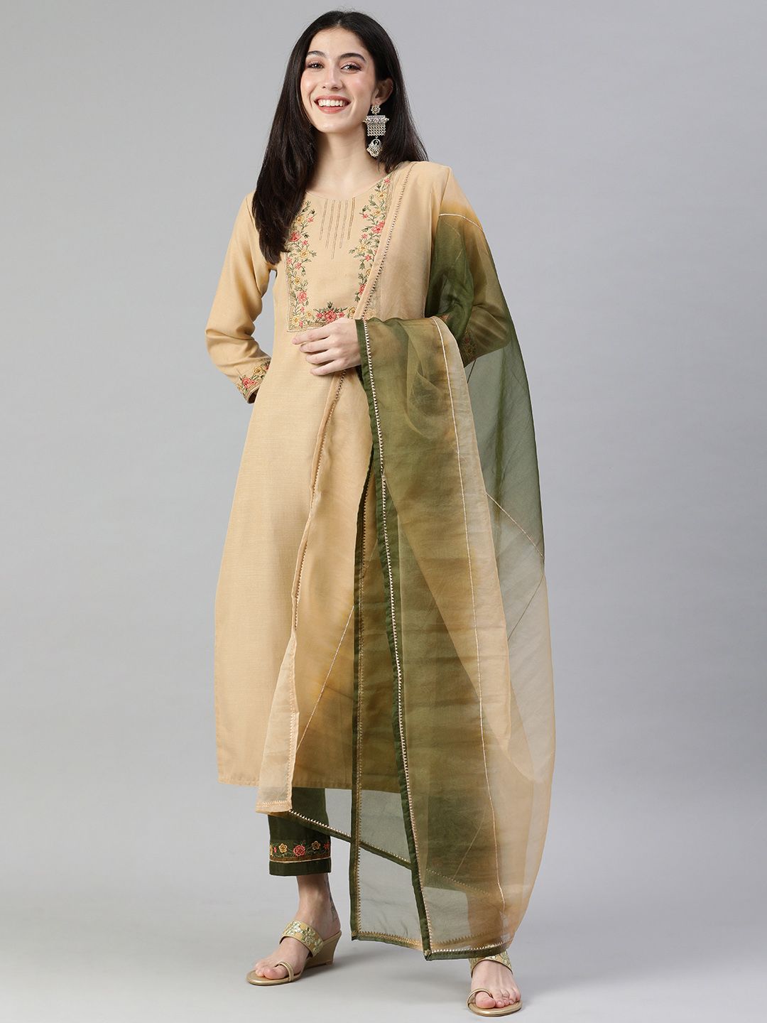 SheWill Women Beige Floral Yoke Design Gotta Patti Kurta with Trousers & Dupatta Price in India