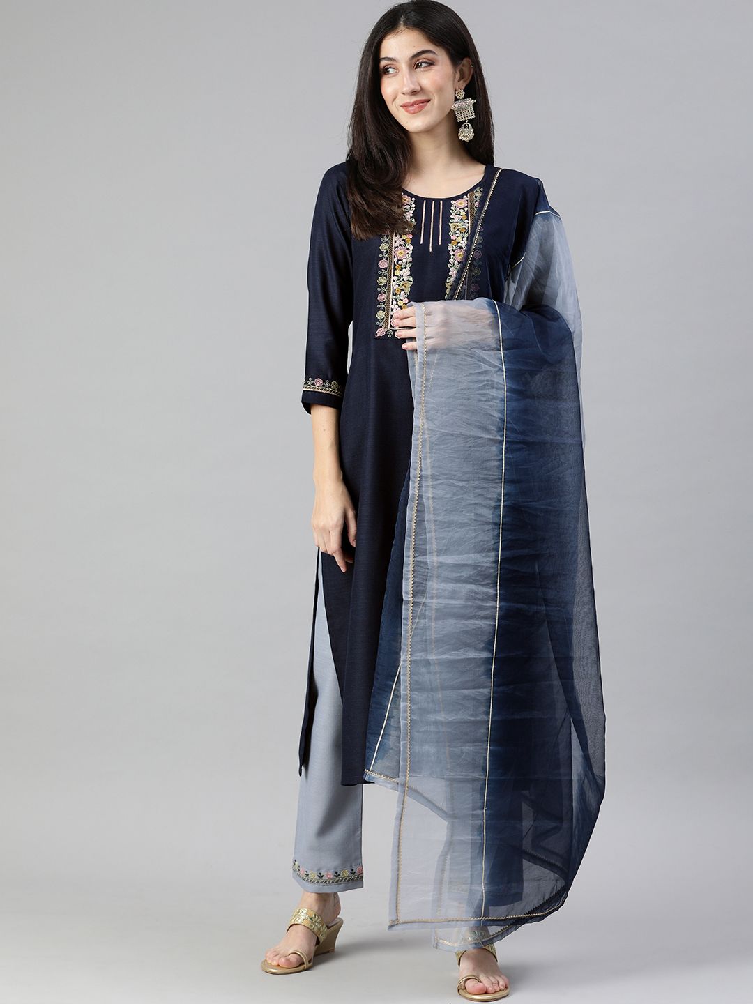 SheWill Women Navy Blue Floral Yoke Design Gotta Patti Kurta with Trousers & Dupatta Price in India