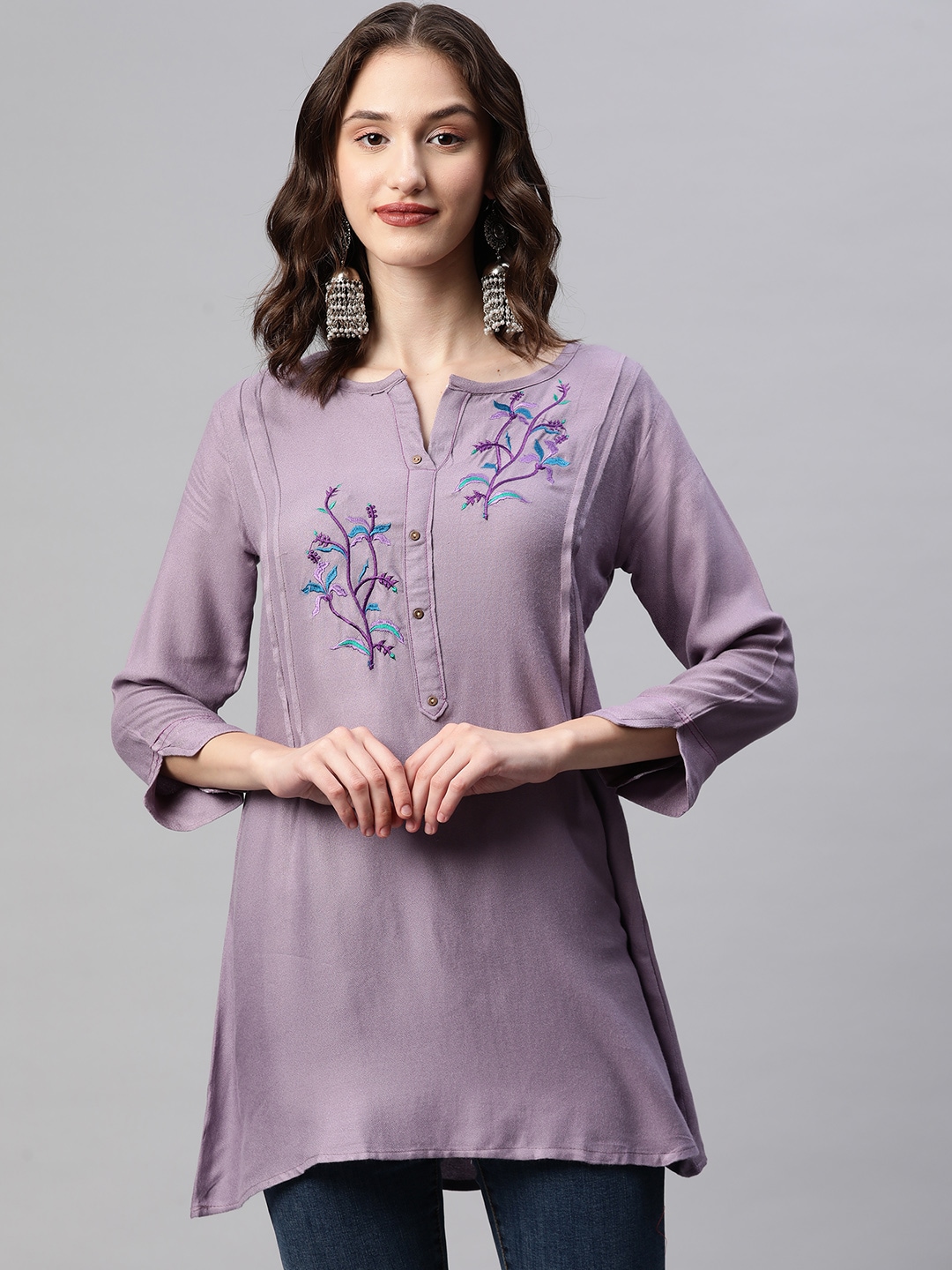 SheWill Lavender Viscose Rayon Embroidered Tunic Price in India