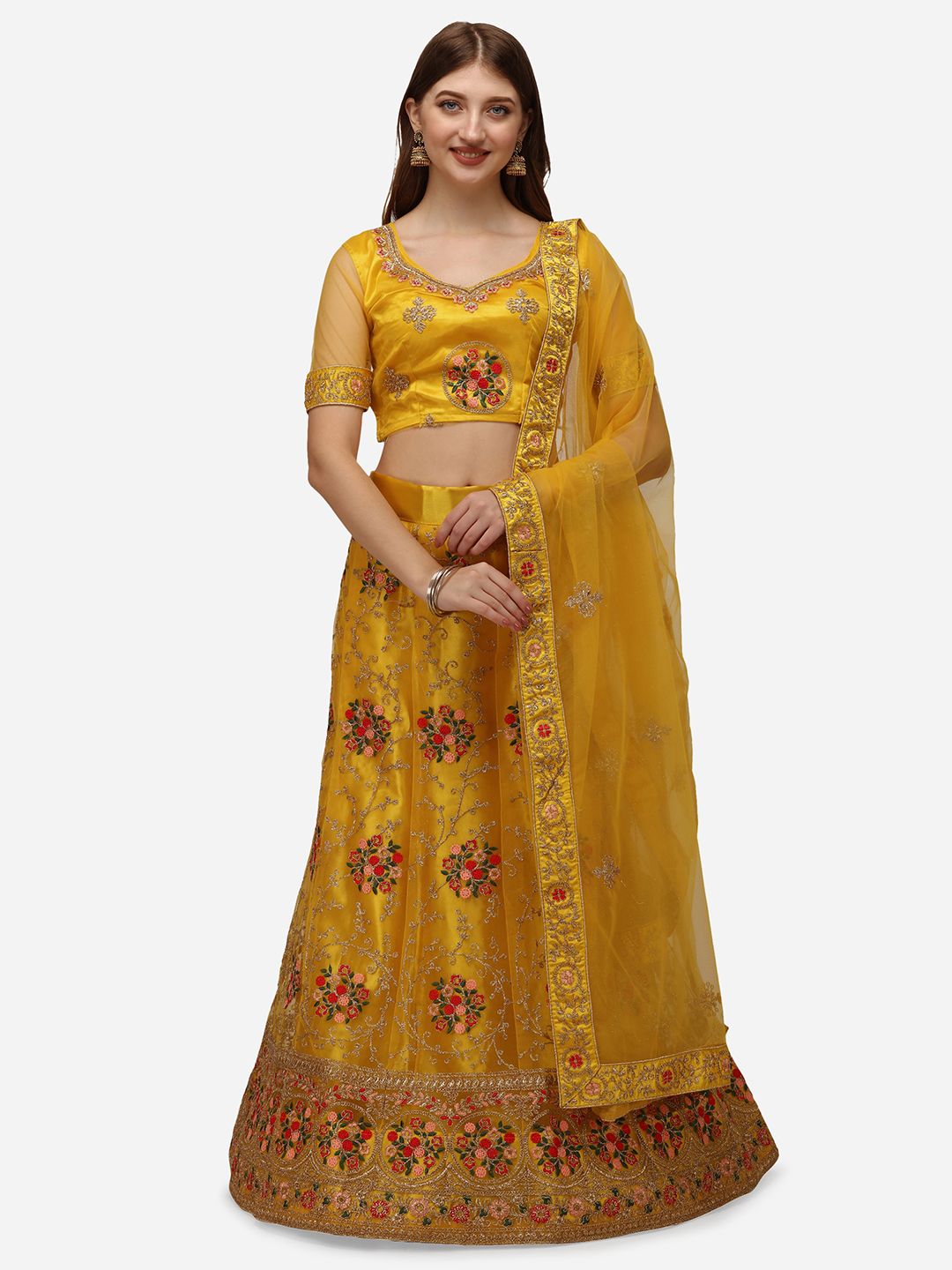 VRSALES Yellow & Red Embroidered Semi-Stitched Lehenga & Unstitched Blouse With Dupatta Price in India