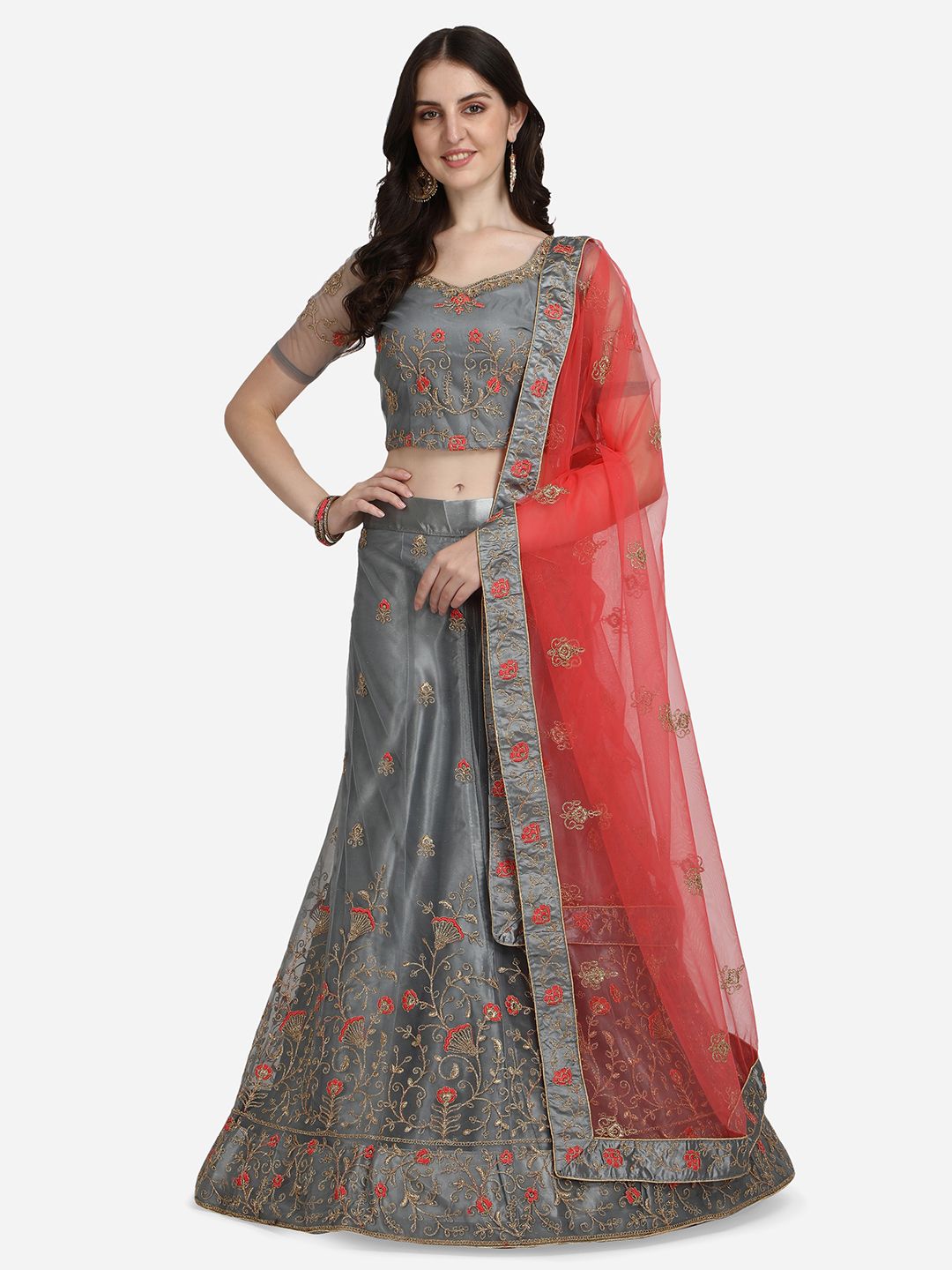 VRSALES Grey & Red Embroidered Semi-Stitched Lehenga & Unstitched Blouse With Dupatta Price in India