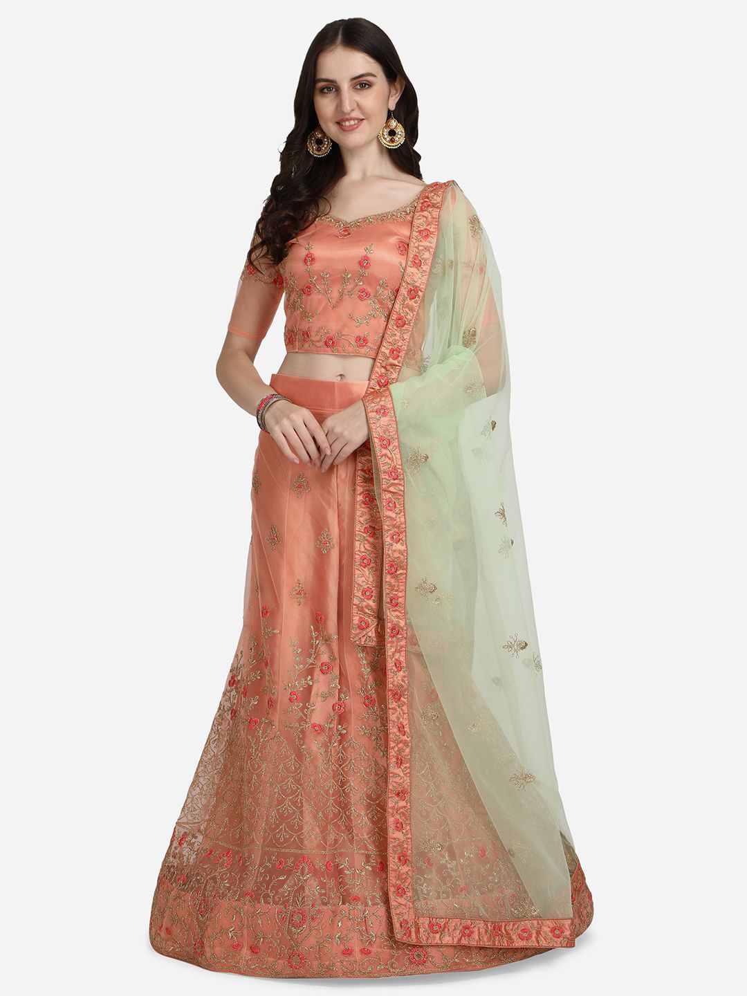 VRSALES Peach-Coloured & Red Embroidered Semi-Stitched Lehenga & Unstitched Blouse With Dupatta Price in India