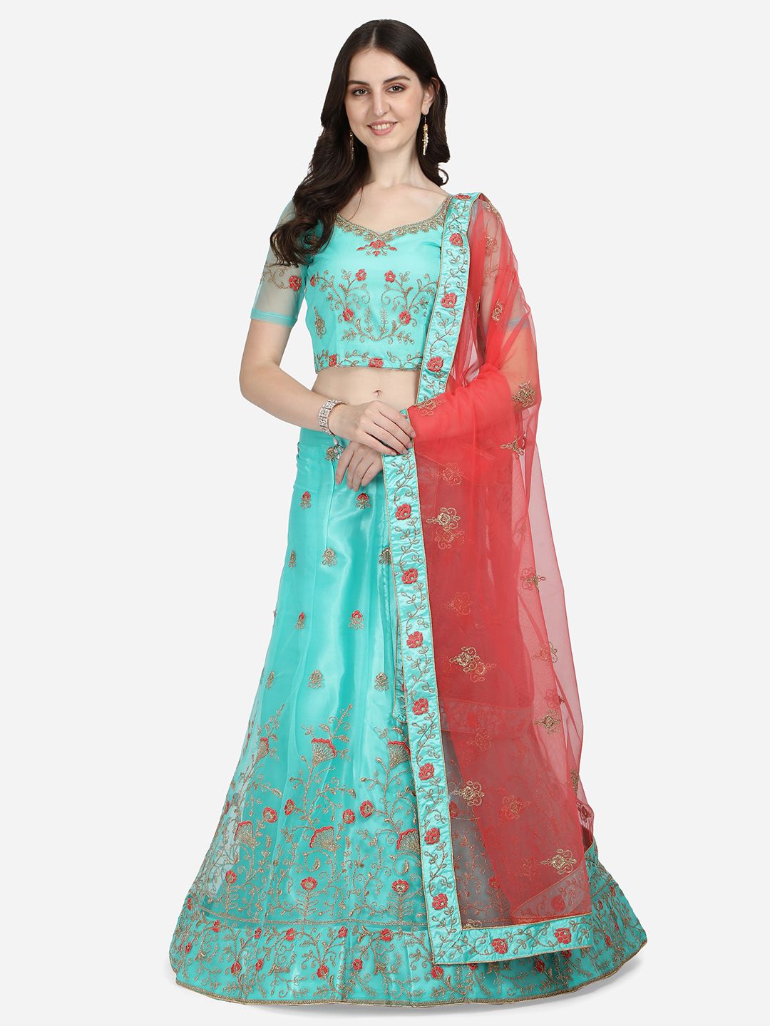 VRSALES Sea Green & Red Embroidered Semi-Stitched Lehenga Choli Price in India