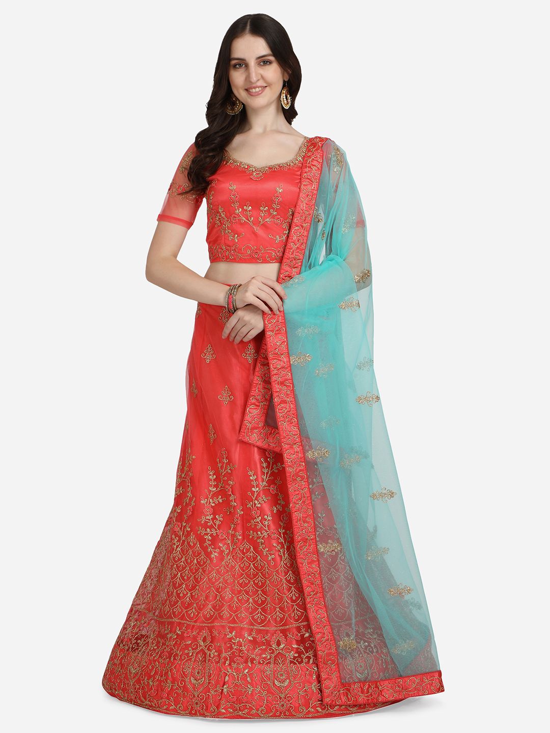 VRSALES Coral & Blue Embroidered Semi-Stitched Lehenga Choli Price in India