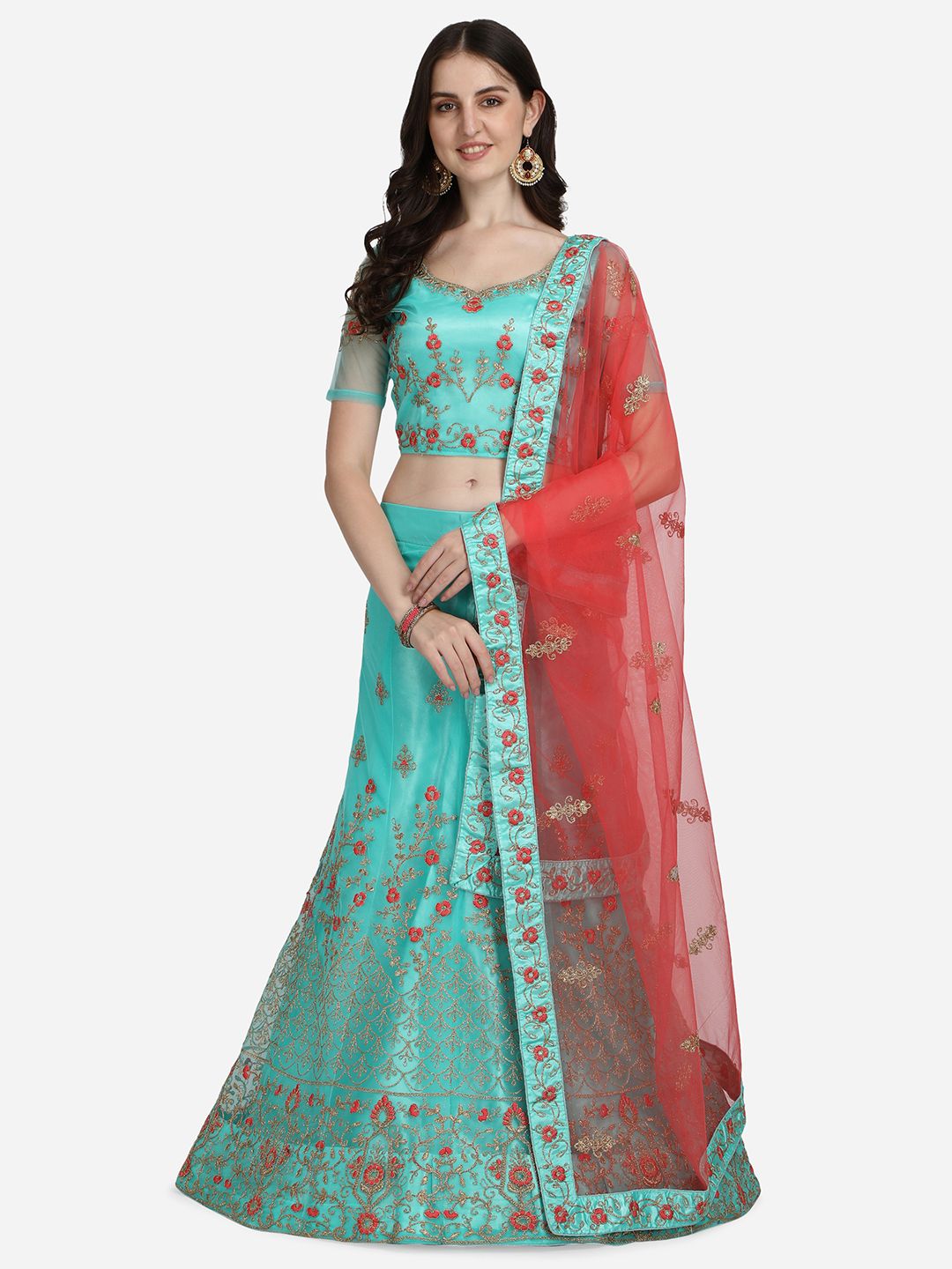 VRSALES Sea Green & Red Embroidered Semi-Stitched Lehenga & Unstitched Blouse With Dupatta Price in India