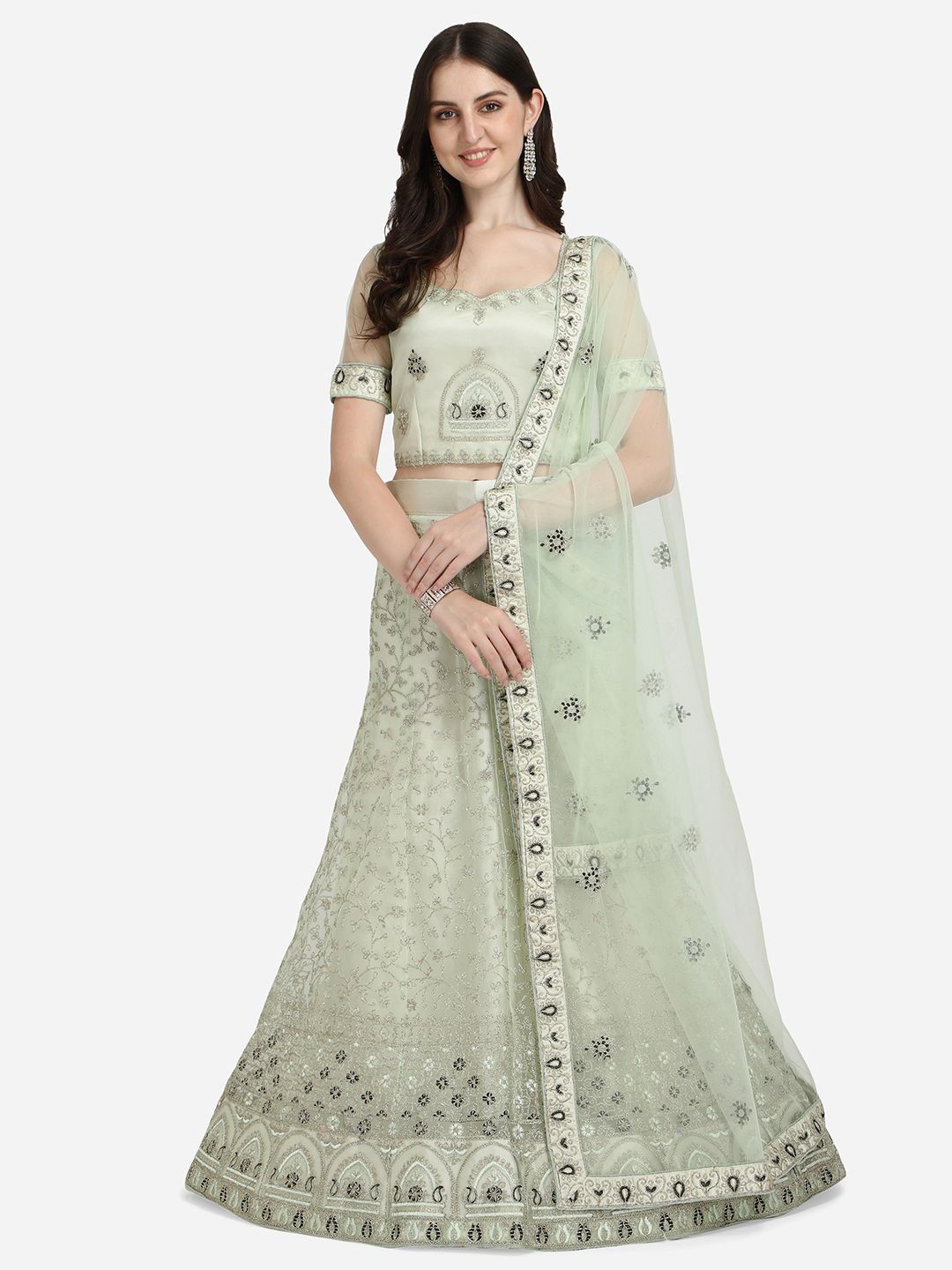 VRSALES Lime Green & Black Embroidered Semi-Stitched Lehenga & Unstitched Blouse With Dupatta Price in India