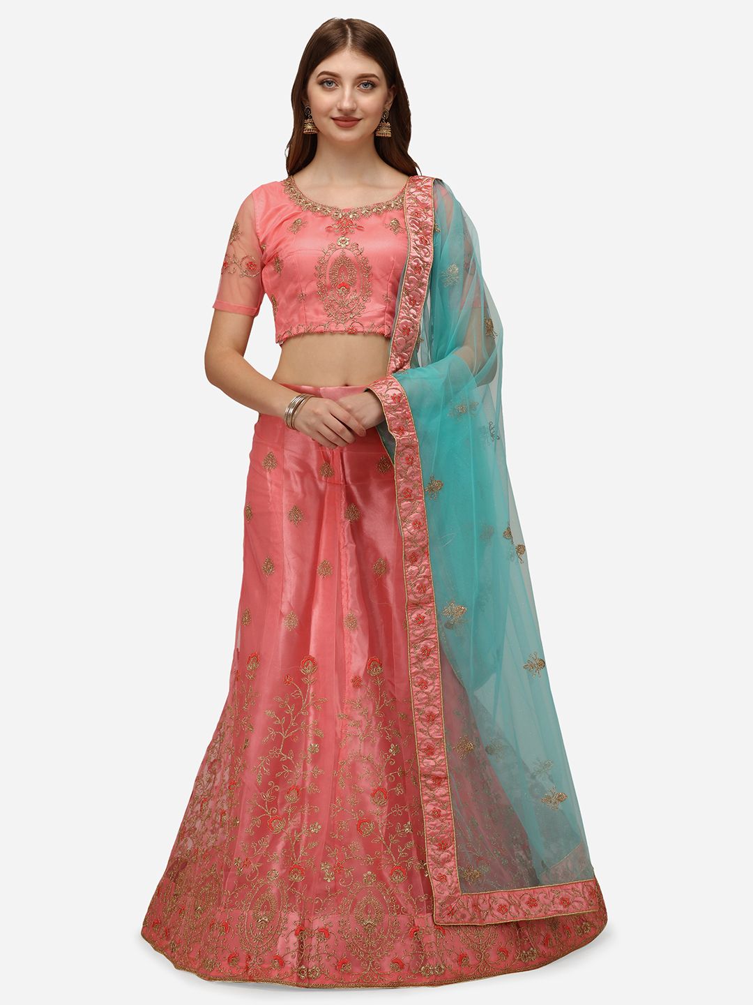 VRSALES Pink & Red Embroidered Semi-Stitched Lehenga & Unstitched Blouse With Dupatta Price in India