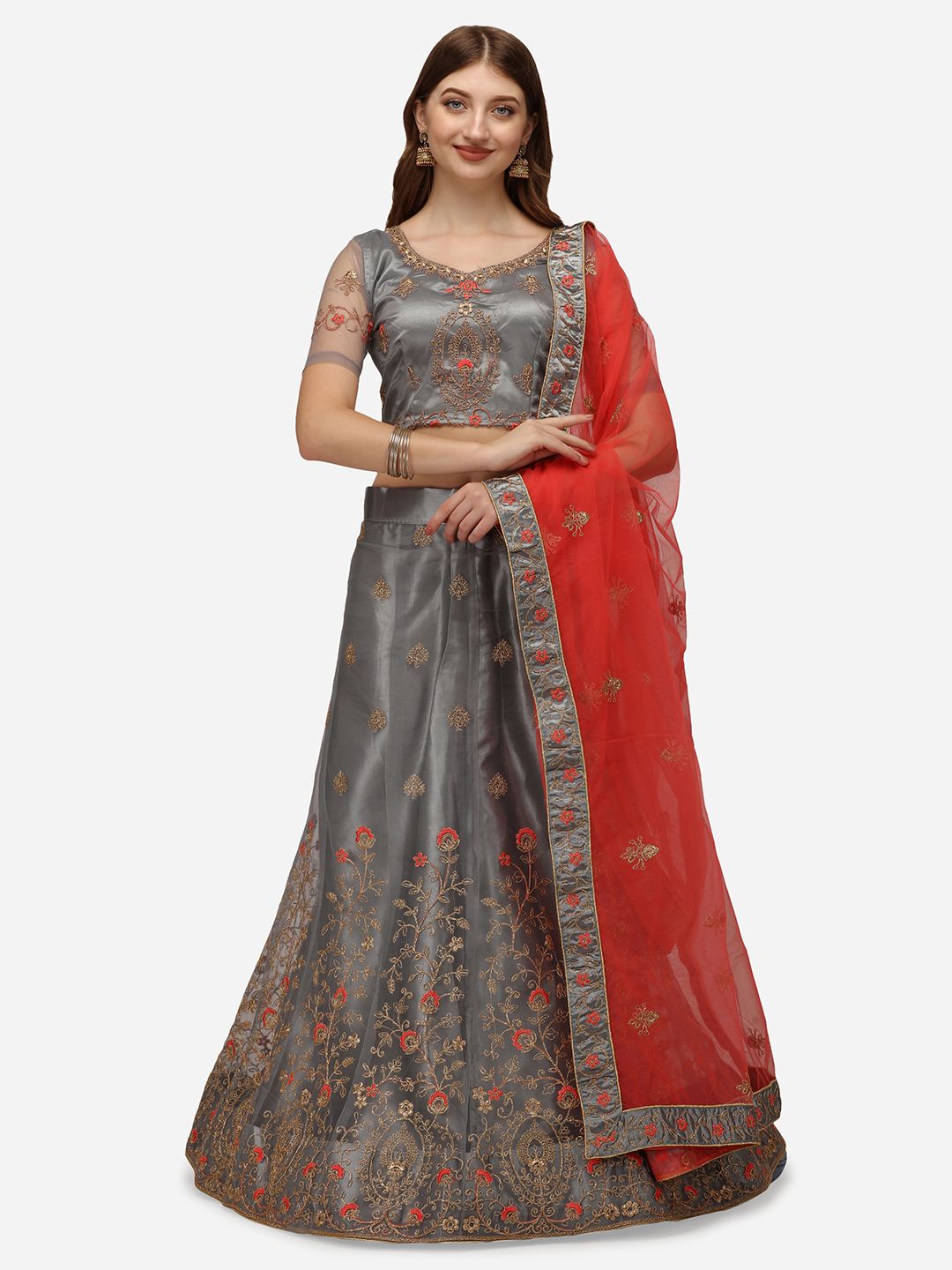 VRSALES Grey & Red Embroidered Semi-Stitched Lehenga & Unstitched Blouse With Dupatta Price in India