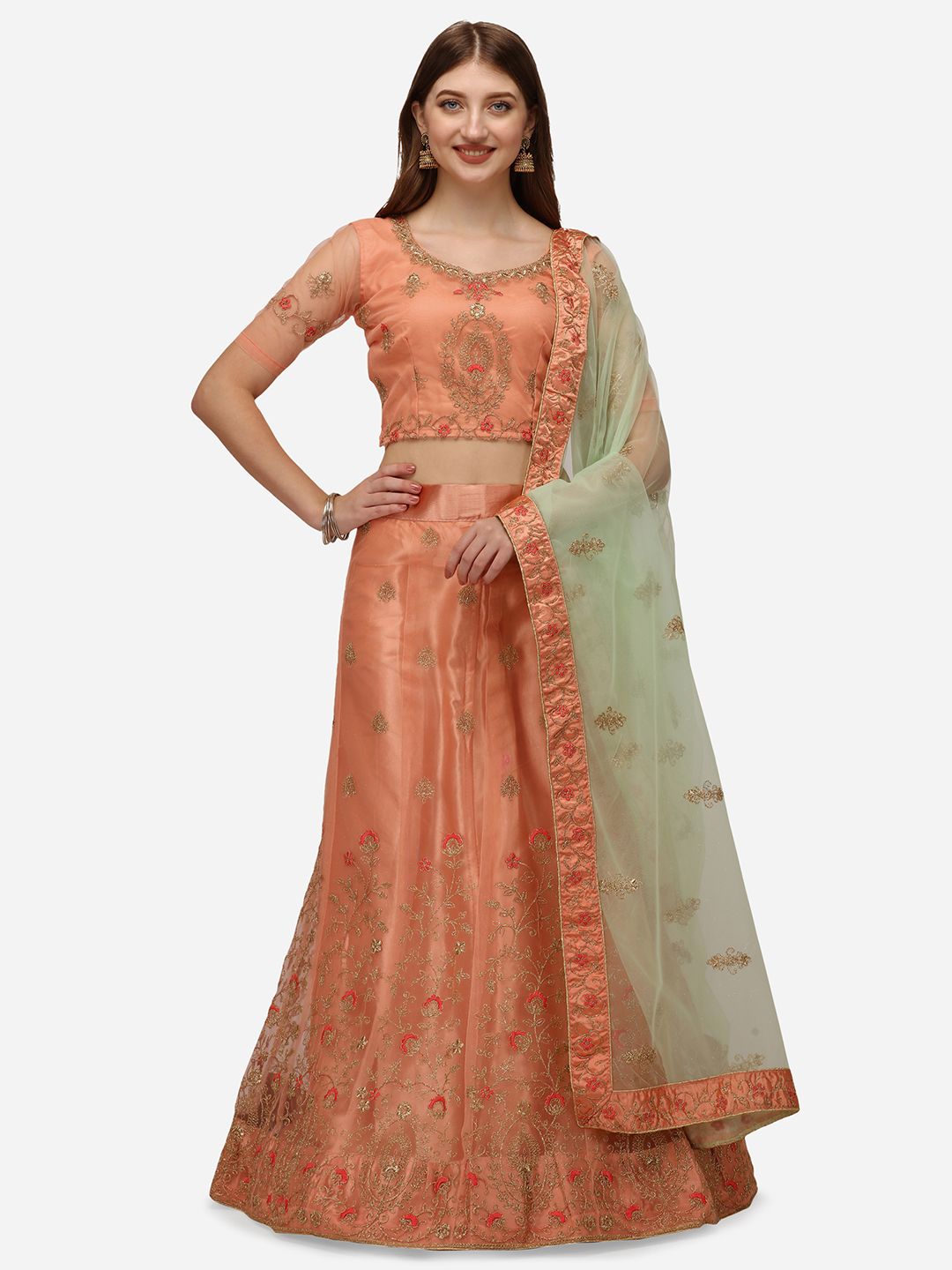 VRSALES Peach-Coloured & Sea Green Embroidered Semi-Stitched Lehenga & Unstitched Blouse With Dupatta Price in India