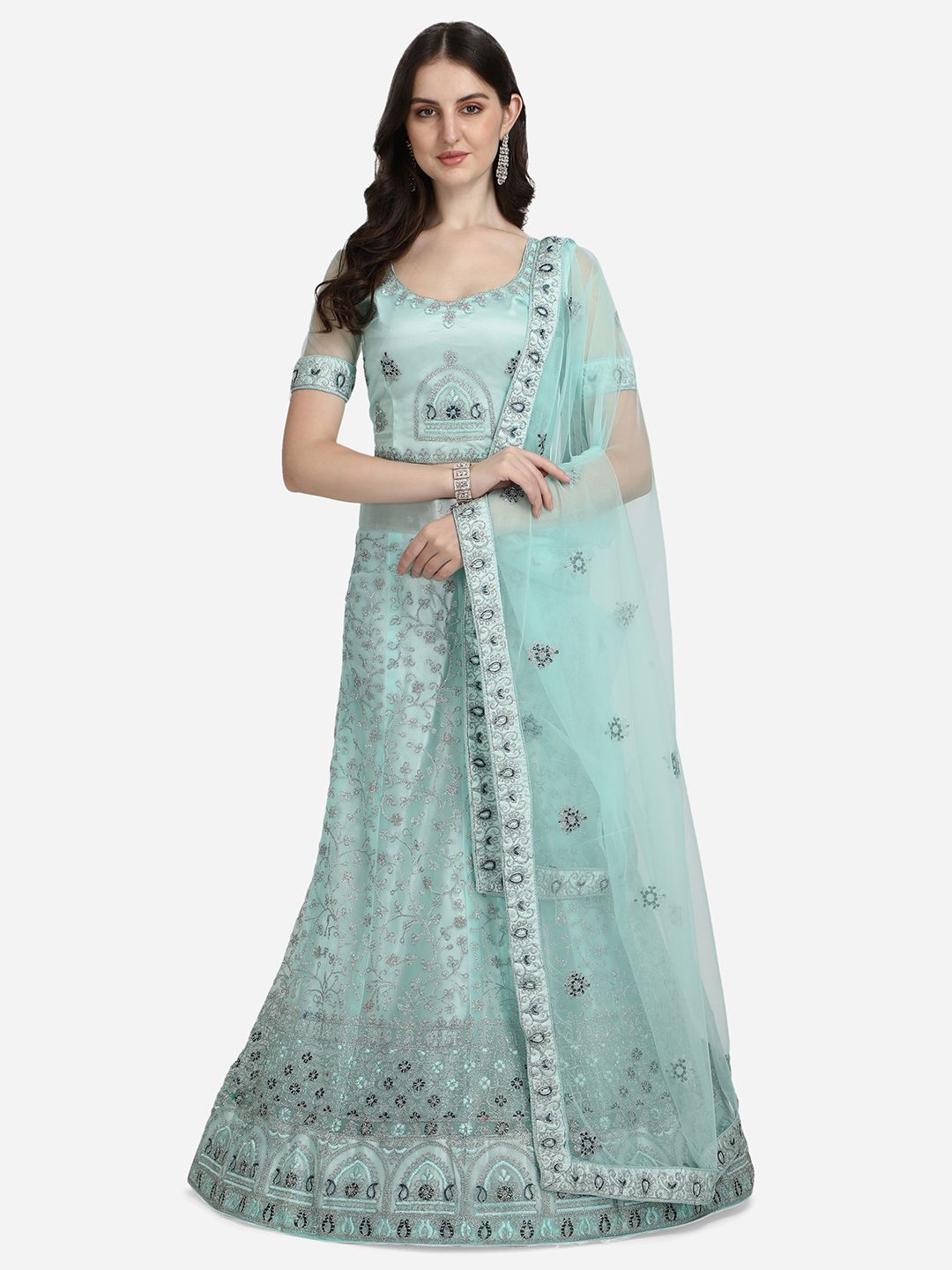 VRSALES Turquoise Blue & Silver-Toned Embroidered Semi-Stitched Lehenga & Unstitched Blouse With Dupatta Price in India