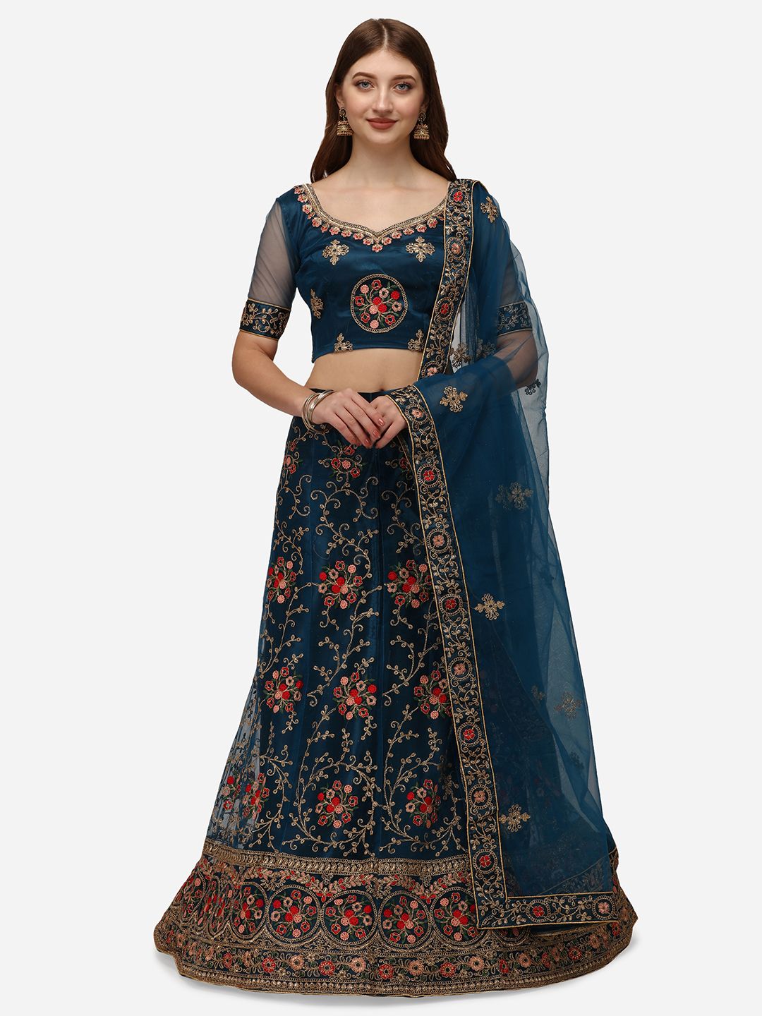 VRSALES Teal & Red Embroidered Semi-Stitched Lehenga & Unstitched Blouse With Dupatta Price in India