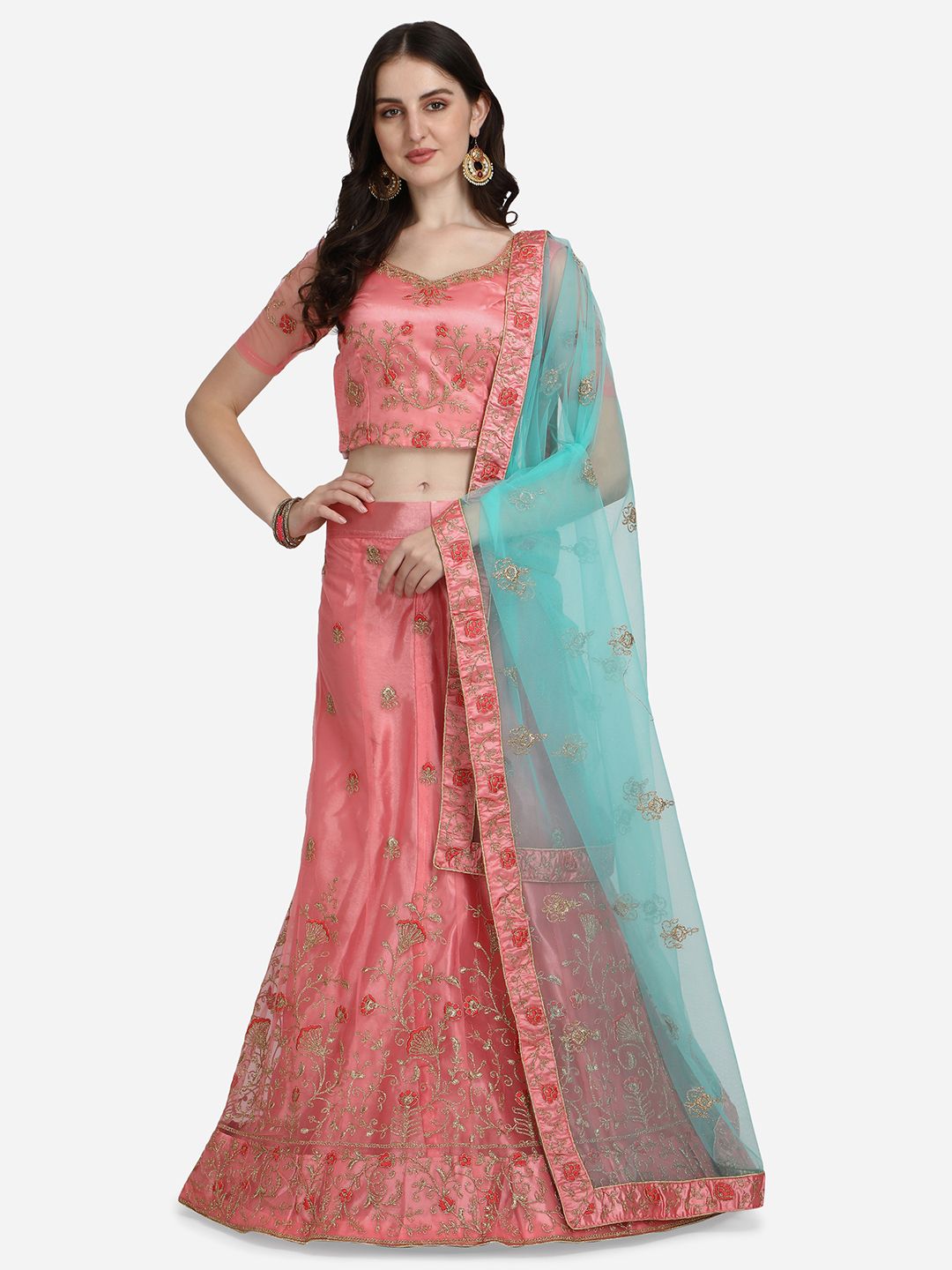 VRSALES Pink & Blue Embroidered Semi-Stitched Lehenga & Unstitched Blouse With Dupatta Price in India