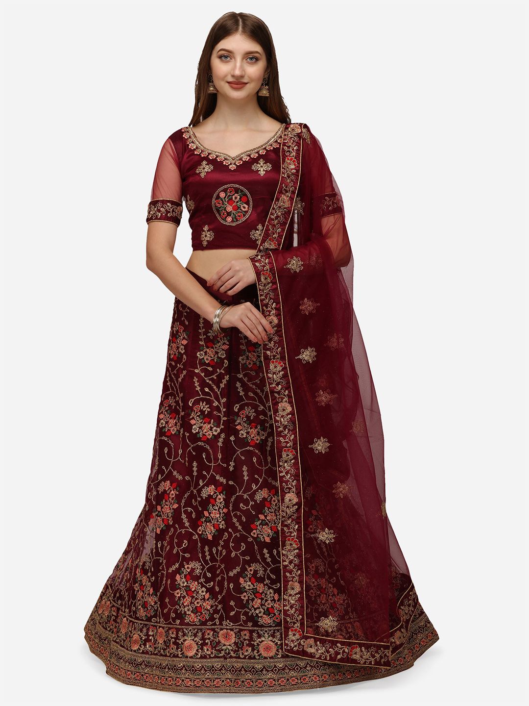 VRSALES Purple & Red Embroidered Semi-Stitched Lehenga & Unstitched Blouse With Dupatta Price in India