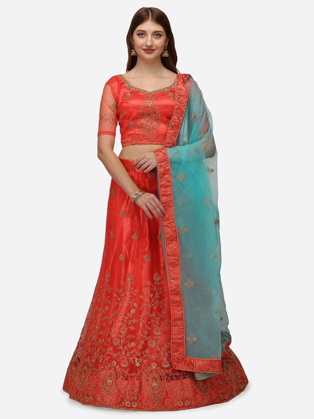 VRSALES Coral & Blue Embroidered Semi-Stitched Lehenga & Unstitched Blouse With Dupatta Price in India