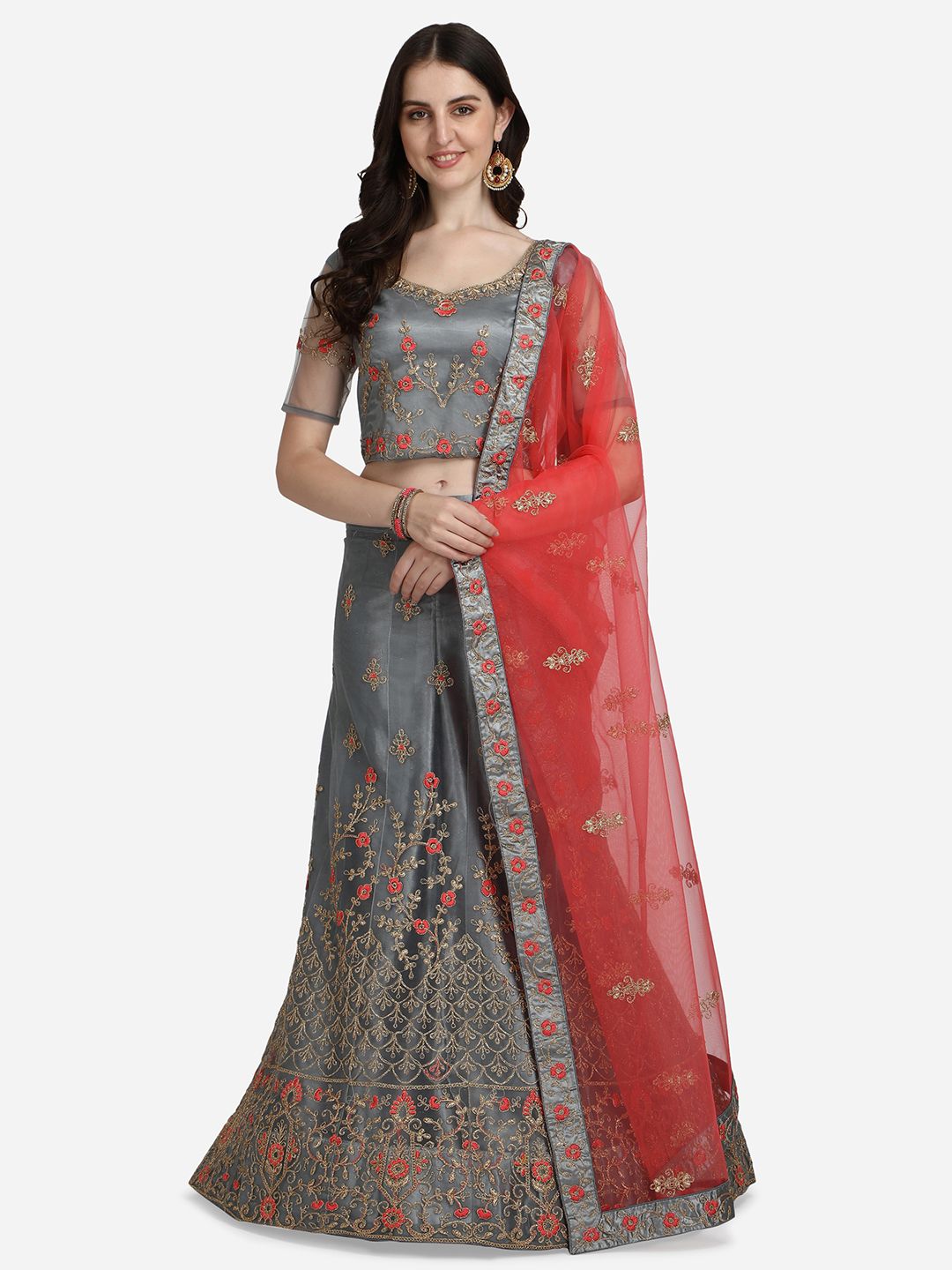 VRSALES Grey & Red Embroidered Semi-Stitched Lehenga & Unstitched Blouse With Dupatta Price in India