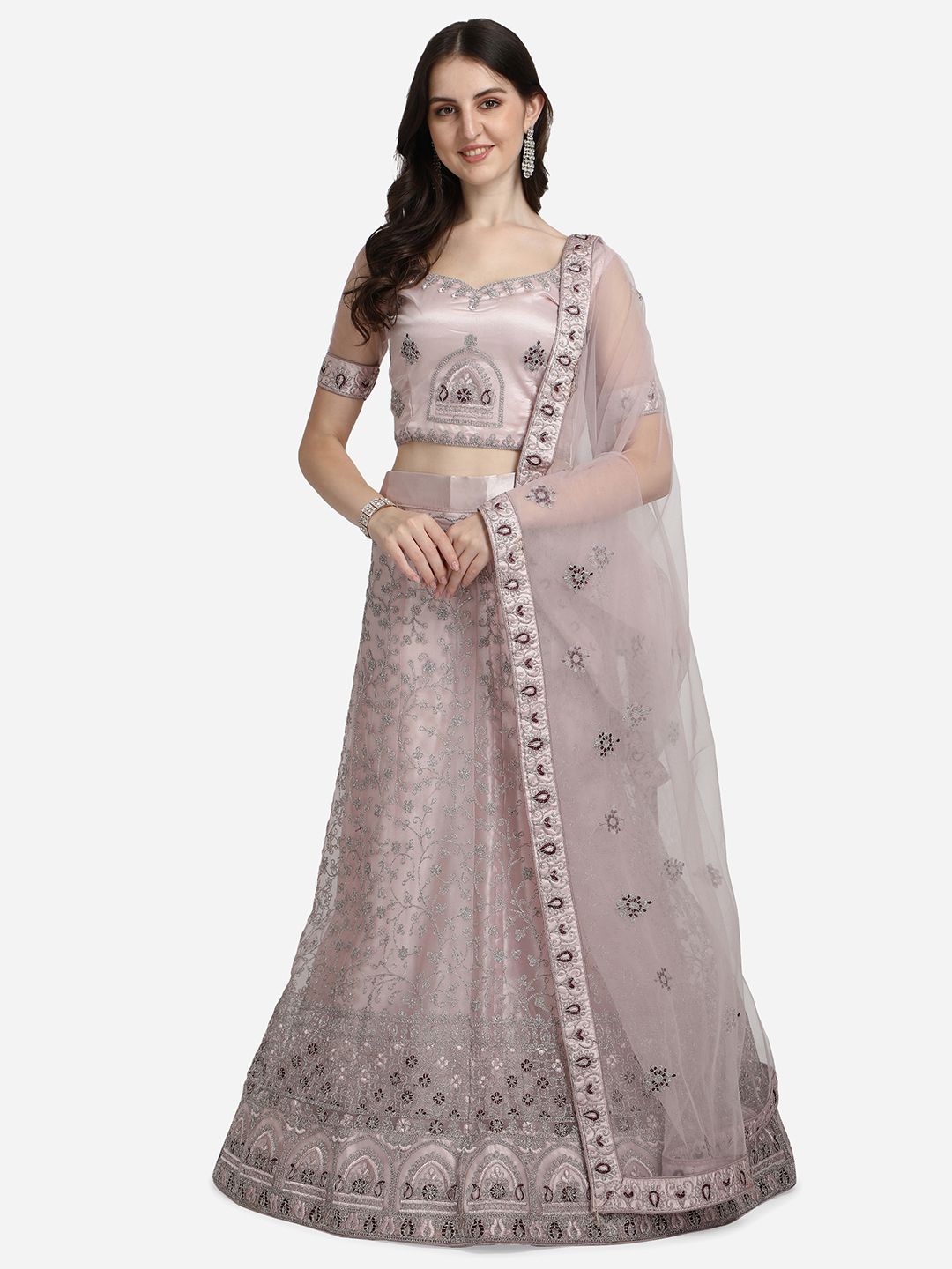 VRSALES Lavender & Silver-Toned Embroidered Semi-Stitched Lehenga & Unstitched Blouse With Dupatta Price in India