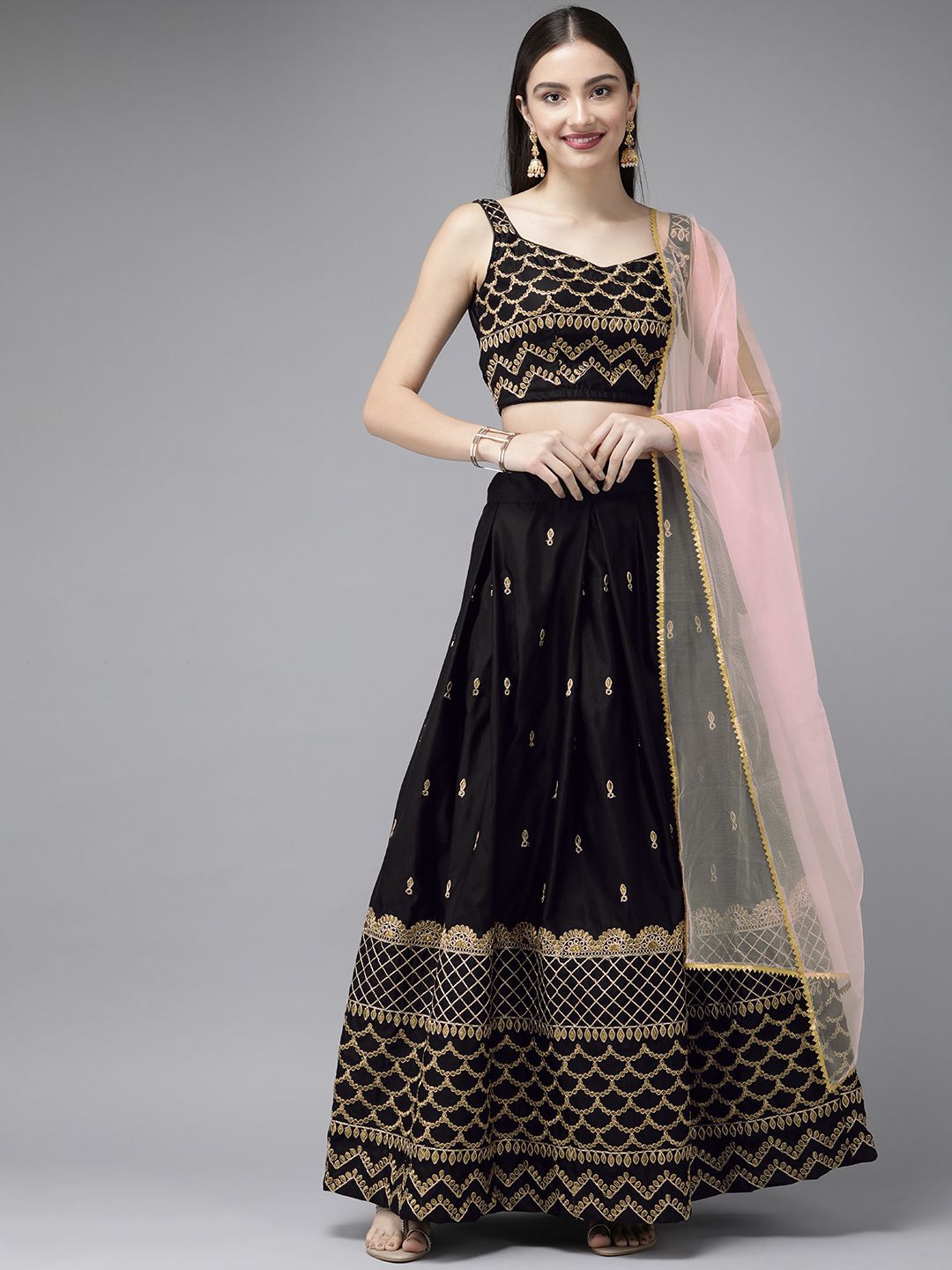 DIVASTRI Black & Golden Embroidered Ready to Wear Lehenga & Blouse With Dupatta Price in India