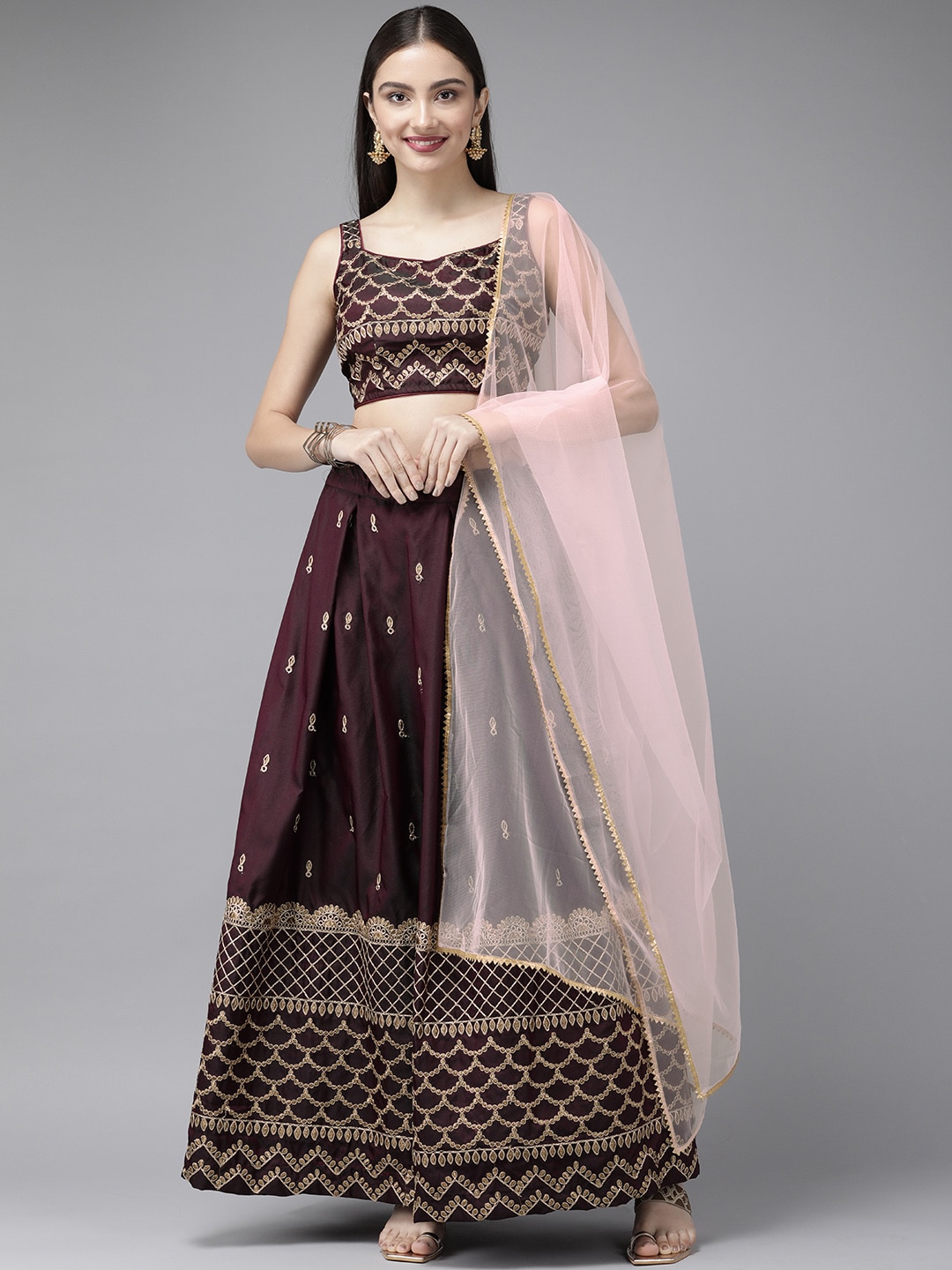 DIVASTRI Purple & Golden Embroidered Ready to Wear Lehenga & Blouse With Dupatta Price in India