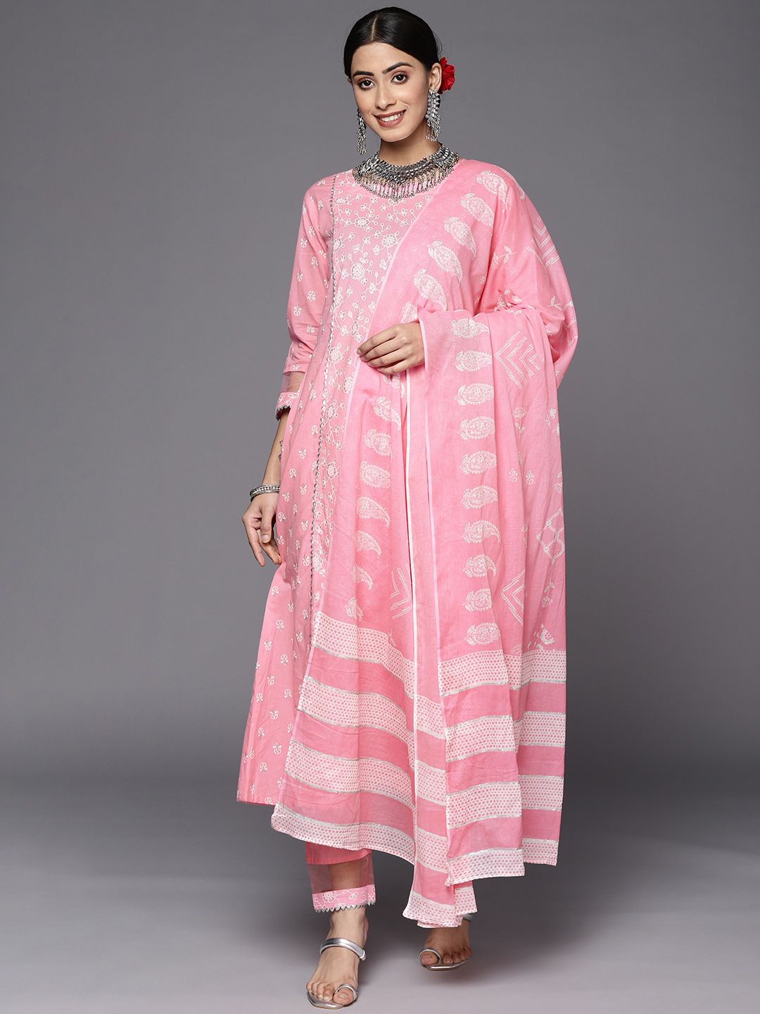 Indo Era Women Pink Ethnic Motifs Printed Kurta with Trousers & With Dupatta Price in India