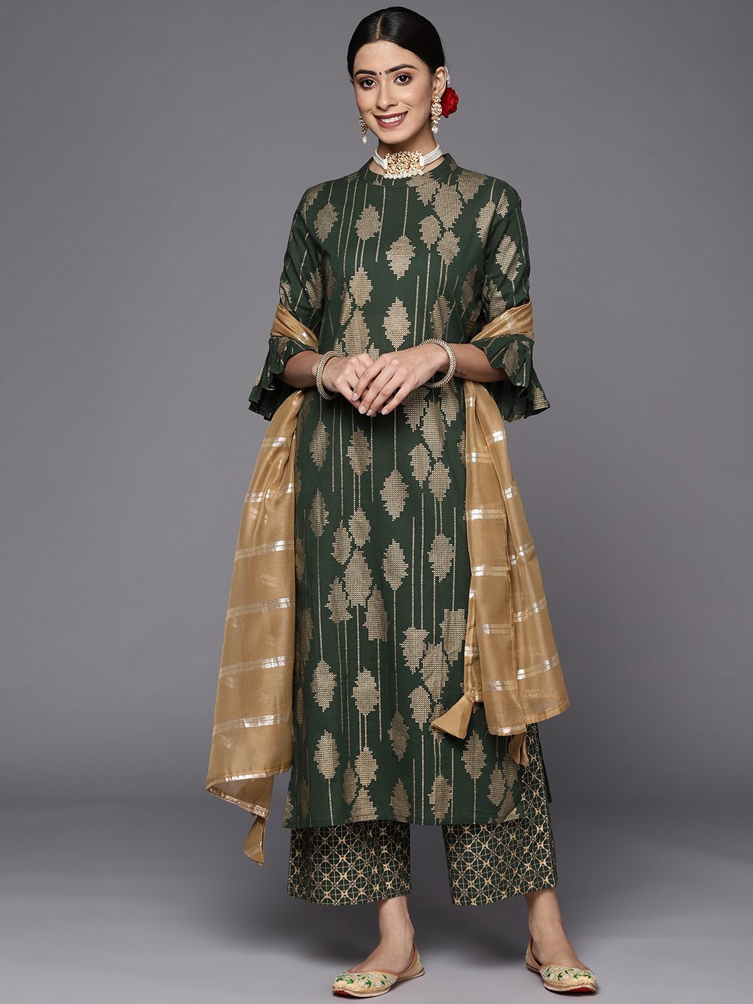 Indo Era Women Green & Golden Printed Pure Cotton Kurta with Palazzos & With Dupatta Price in India